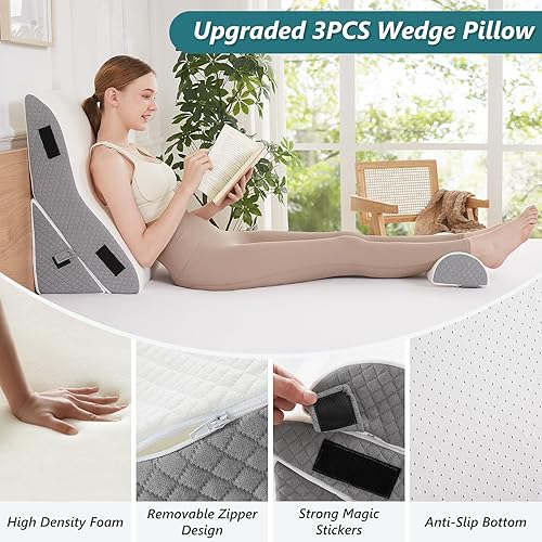 Miniatura 3 de Juego de 3 almohadas de cuña de cama para dormir, almohada triangular de 22.5 pulgadas de ancho para aliviar el dolor de espalda y piernas con funda
