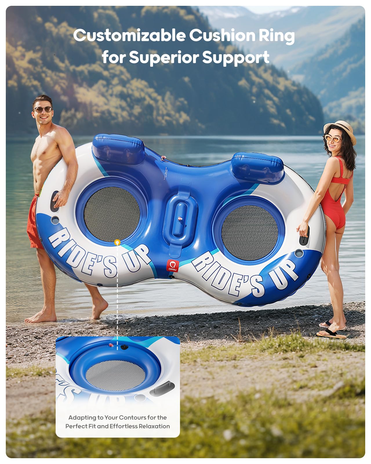 QPAU Tubo de flujo doble inflable, capacidad de 660 lb, resistente a perforaciones de 93 pulgadas, flotador de río resistente, balsa de río con respaldo ergonómico, radiador, soporte para copa