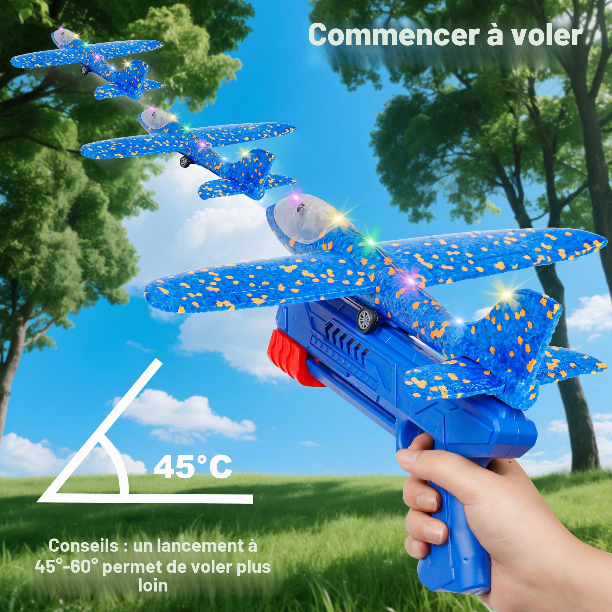 3 Avions Planeurs Enfant, Avion Jouet en Mousse avec LED & Lanceur, Planeur Extérieur Jusqu’à 15m, Jouet Enfant 3-12 Ans, Cadeau Garçon Fille
