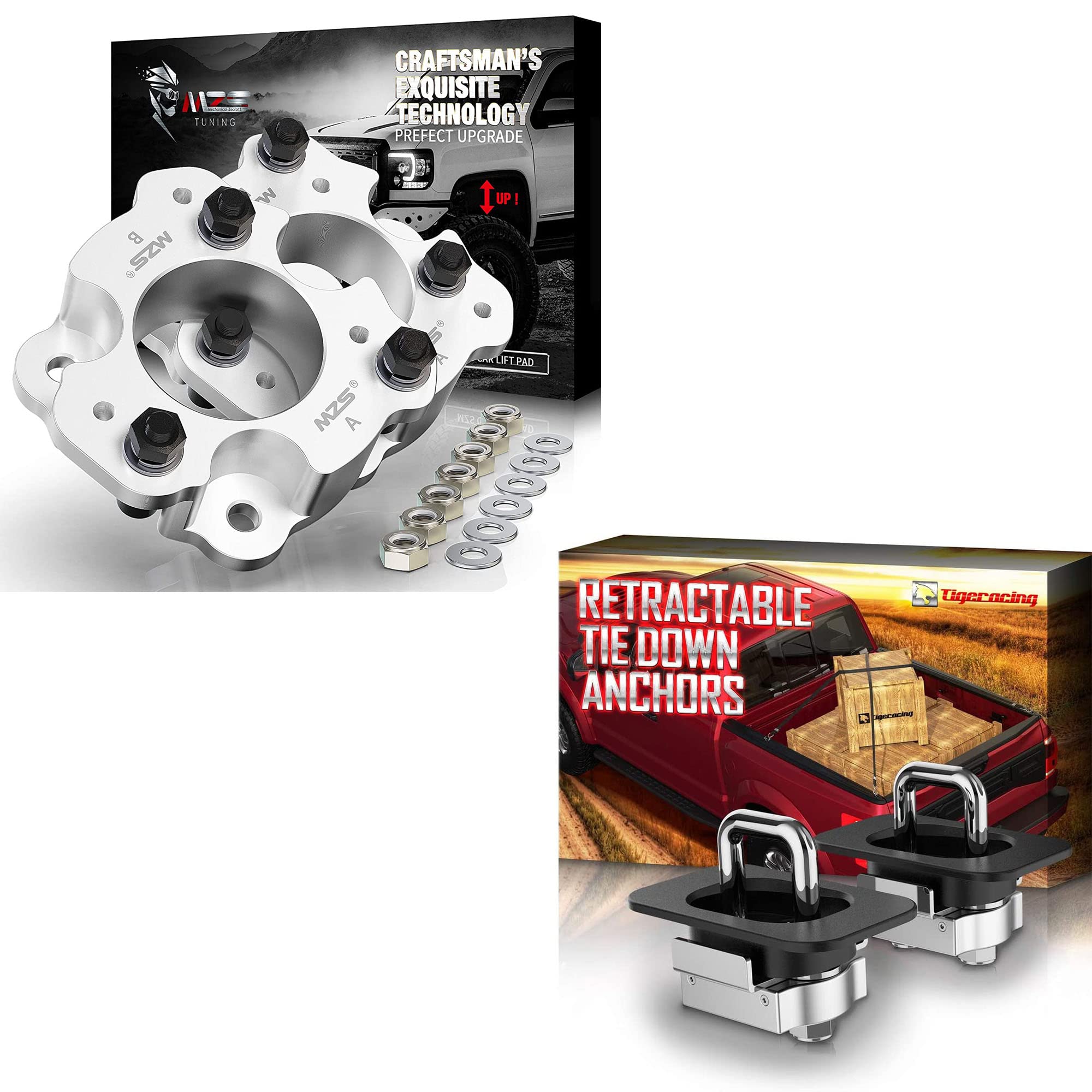 MZS2.5 inch Front Leveling Lift Kit and Tigeracing Tie Down Anchors Retractable Truck Bed Top Side D Ring Compatible with 2015-2022 F150 2WD 4WD | 2017-2018 Raptor 4WD