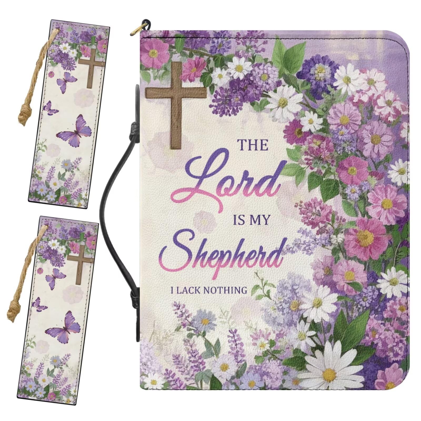Buxolandt Extra Large Bible Tote Bags for Men, Comes with 2 Leather Bookmarks Built-in Pocket Pen Slots, Purple Bible Cover with Handle, Cross Daisy Butterfly Print Personalized Bible Case Leather