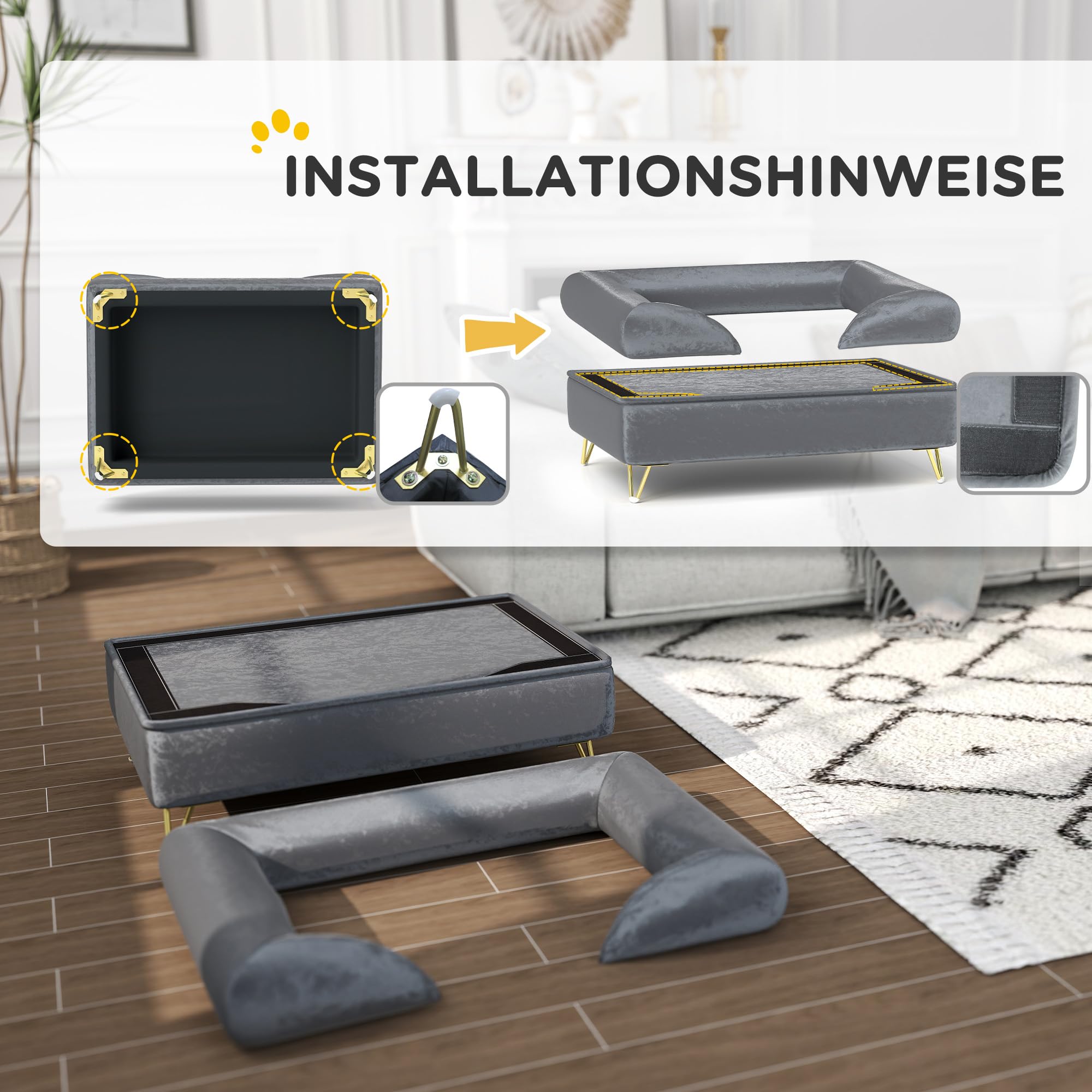 PawHut Hundesofa Hundecouch mit Kissen, Waschbarer Bezug, Haustiersofa mit Abnehmbare Rückenlehne und Metallbeine, Katzensofa für kleine und mittelgroße Hunde, Grau