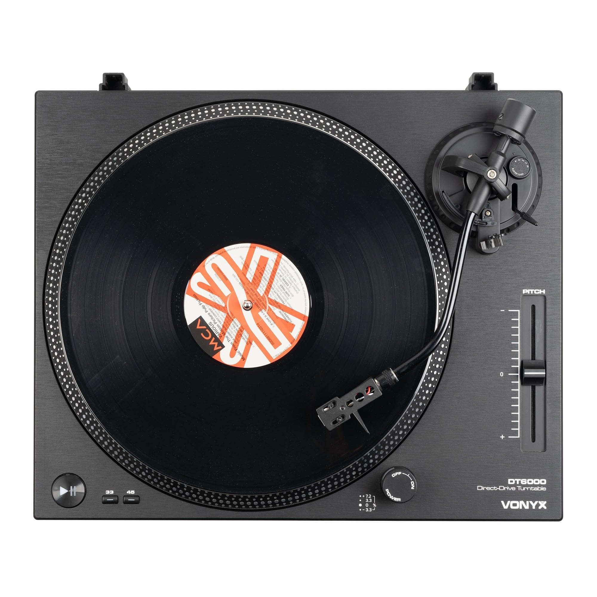 Vonyx DT6000 Platine Vinyle DJ Direct Drive avec Cellule Audio-Technica, Entrainement Direct 33/45 Tours pour Mix et Scratch