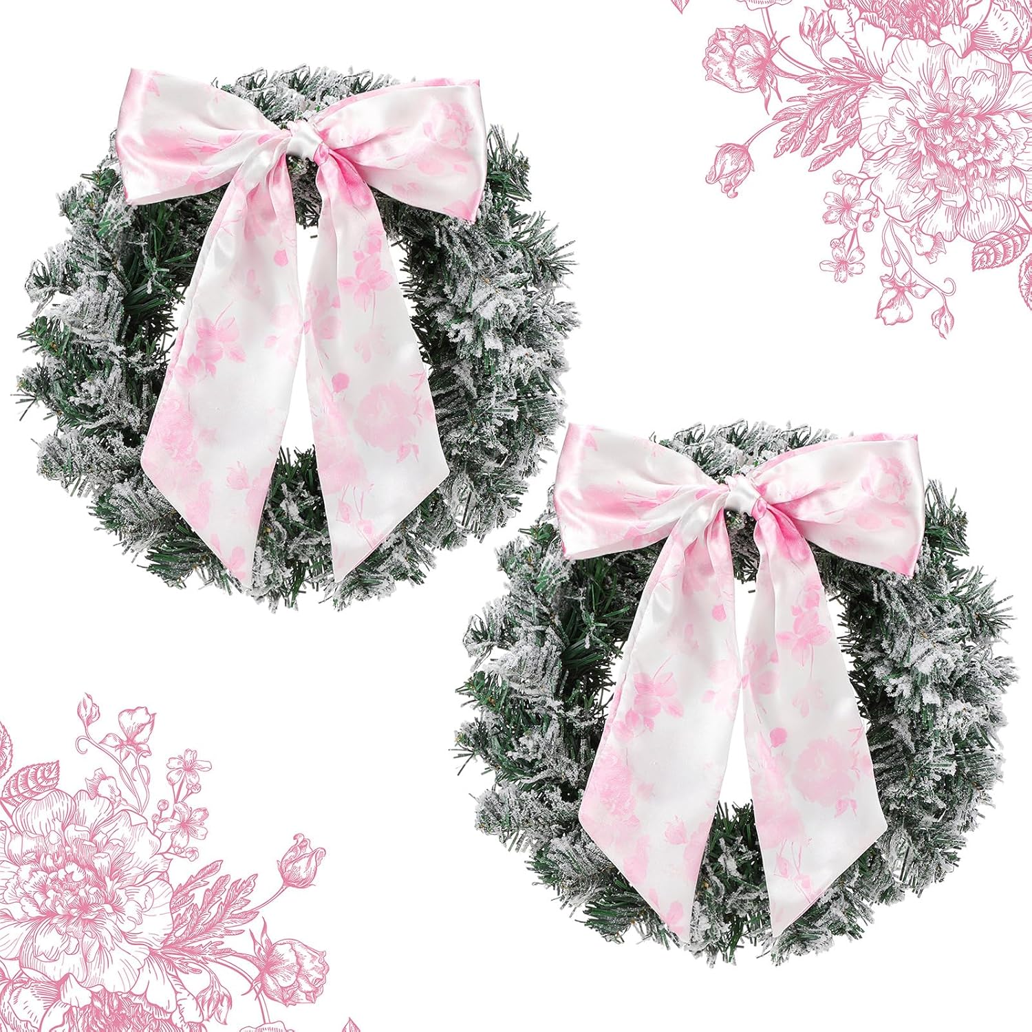 Dingion 2 Pcs 12 Inch Pink Bow Christmas Wreath Flora Coquette Realistic Faux Xmas Door Wreath with Silk Pink Rose Ribbon for Outdoor and Indoor Decor(Printed Bow)