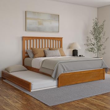 AFI, Everett Queen Platform Bed with Panel Footboard and Twin XL Trundle, Light Toffee