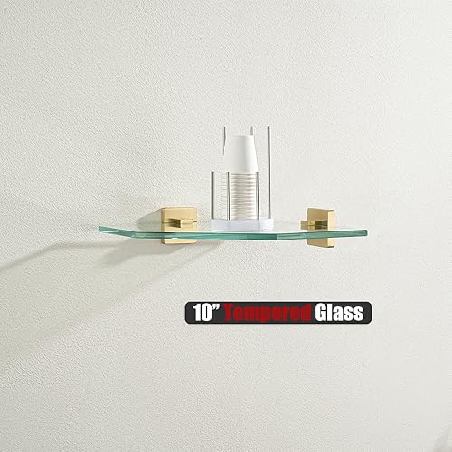 Miniatura 5 de JQK Estante esquinero de vidrio dorado, acero inoxidable 304, estante flotante de pared triangular de ducha de acero inoxidable 304, vidrio templado