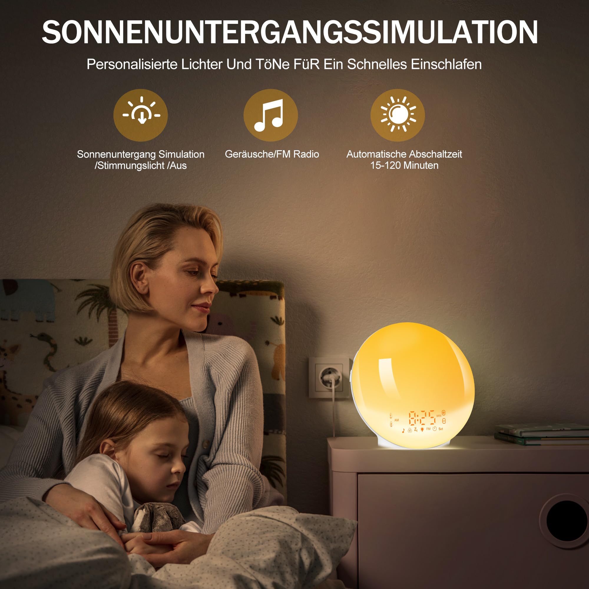 Budzik świetlny, budzik, światło dzienne, symulacja wschodu słońca, z dwoma alarmami, 7 dźwięków natury, 11 kolorów światła, 20 jasności, lampka nocna dla dorosłych