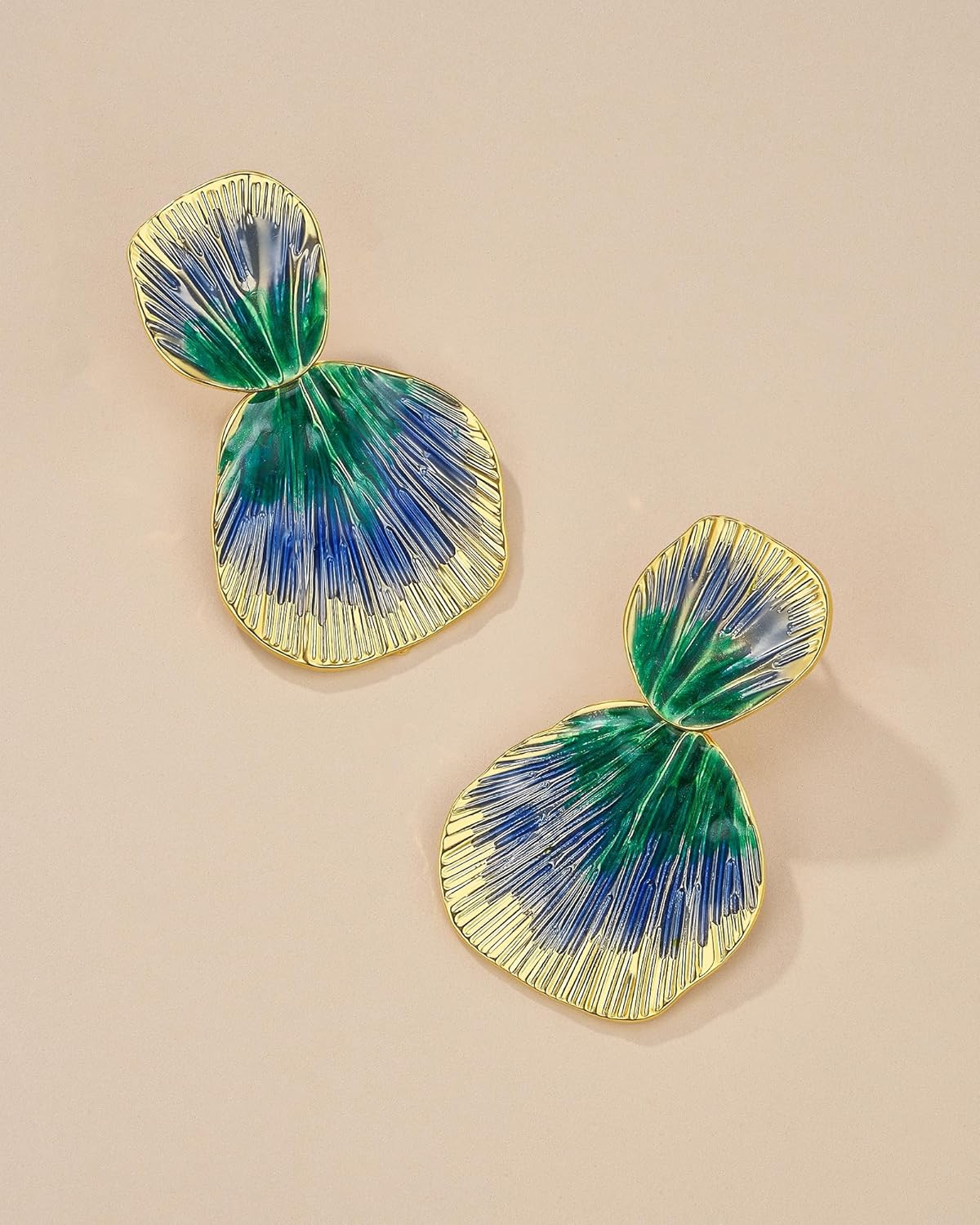 Colorful 18K gold plated Boho Chunky Leaf Floral Geometric Textured Dangling Statement Earrings for Women by SNGIA, Large Orange Green Handmade Trendy Ribbed Fan Dangle Jewelry Gifts, Big Summer Round Oval Square African Beachy Vacation Flower Fashion Accessories, Vintage Thick Bohemian Nickle Free Huggie Earring.