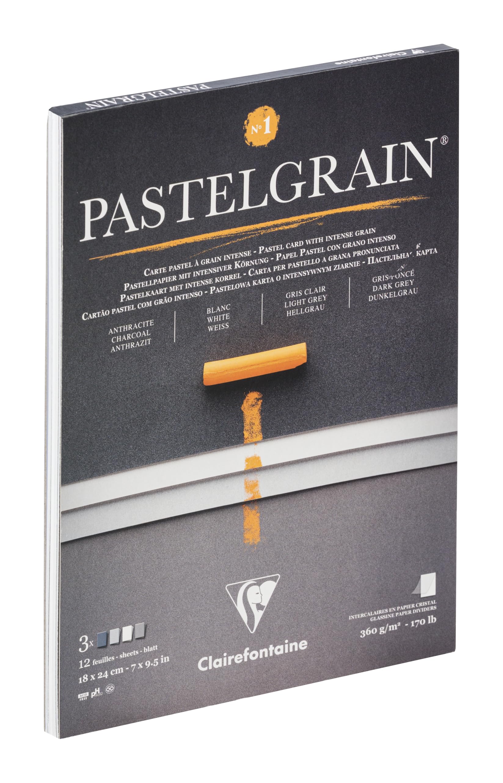 Clairefontaine 976057C Blocco collato PastelGrana n°1-12 fogli di carta speciale per pastelli secchi - 18x24 cm 360g - Assorti teintes grigioes - divisori di carta Cristal