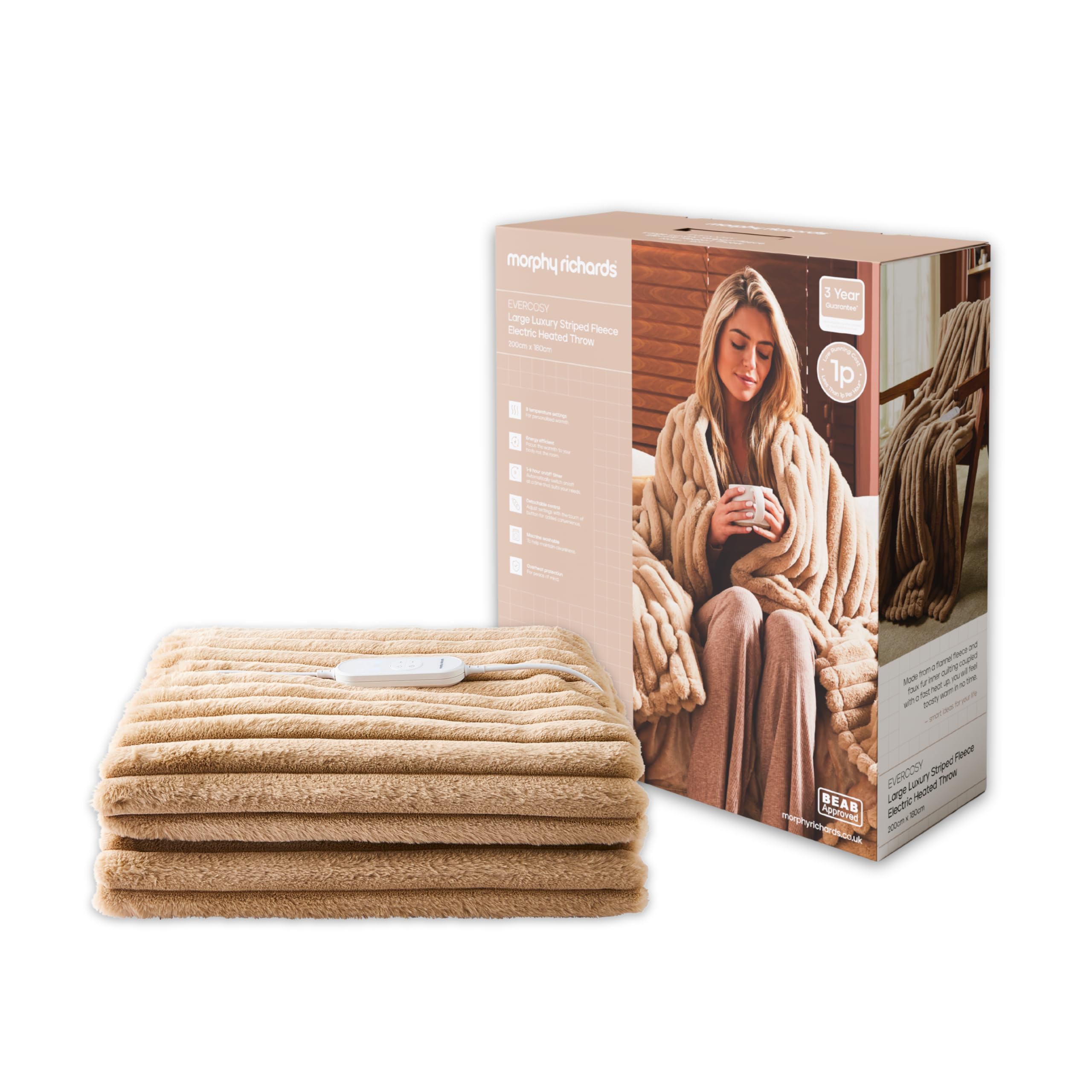 Morphy Richards Evercosy Large Luxury Striped Fleece Electric Heated Throw – Mocha, 610106