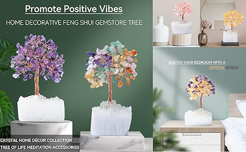 Miniatura 5 de GEMBOURY Árbol de dinero de cristal de citrino de amatista natural con base de cuarzo blanco, 5.5 pulgadas, árbol de bonsái de piedras preciosas