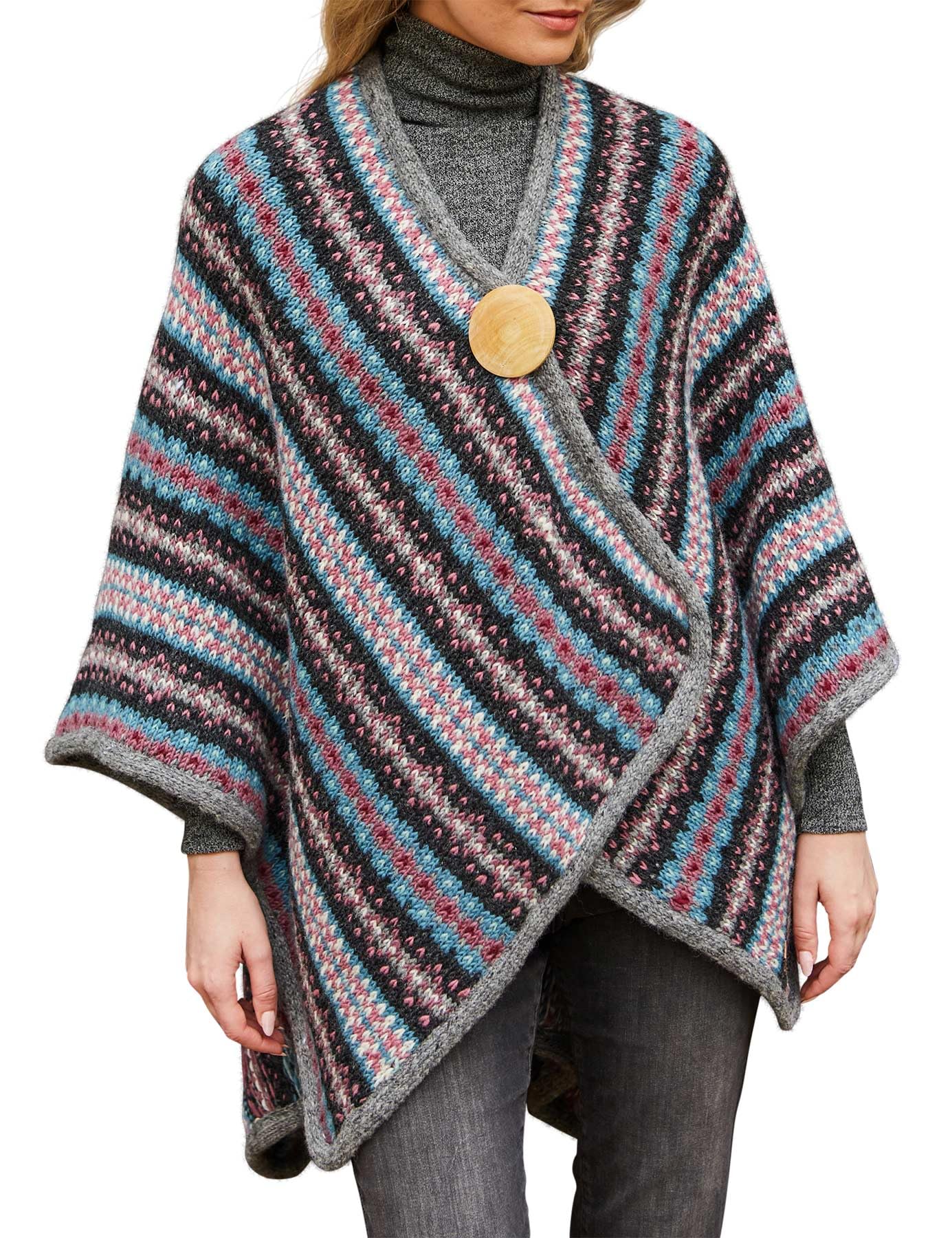 Pachamama Women Wool Wrap Handknitted Traditional Dales Stripe Design Grey Multicoloured One Size Handmade Winter Thermal Extra Warm Shawl Cape Fair Trade