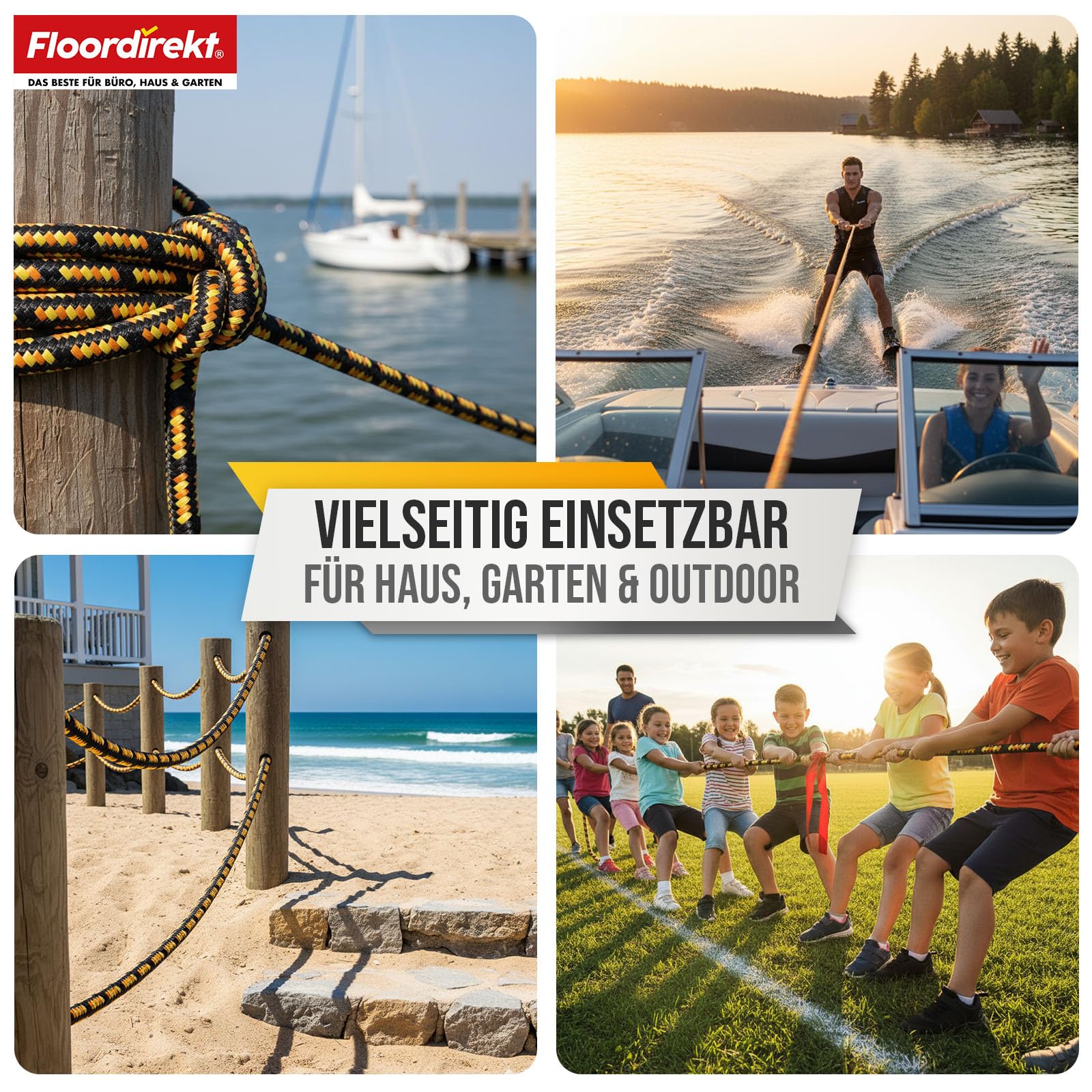 Floordirekt Polypropylen Seil K2 – 20mm 30m schwarz-orange, UV-beständig & wetterfest – strapazierfähiges PP-Seil für Garten, Camping, Boot & Landwirtschaft