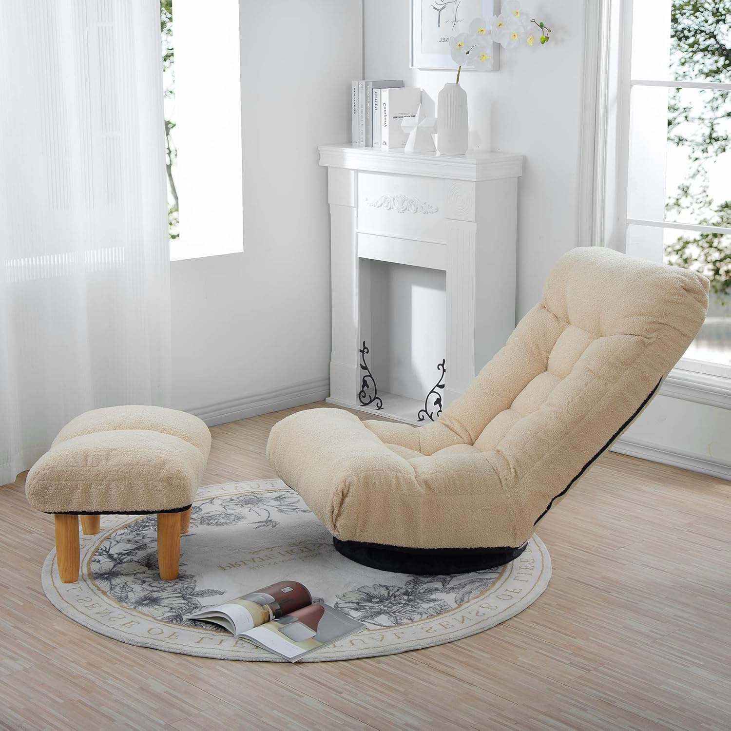 Floor Chair Single Lazy Sofa Leisure Balcony Reclining Japanese Tatami Adjustable Recliner with Ottoman for Living Room, Bedroom, Indoor Use (No Footstool, Gray)