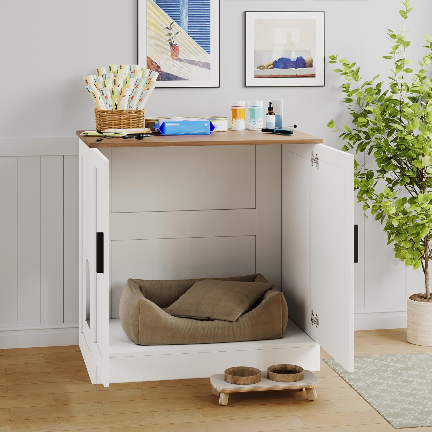 WENTMENT Cat Litter Box Furniture with Removable Divider,Large Hidden Litter Box Furniture Cat House (White)
