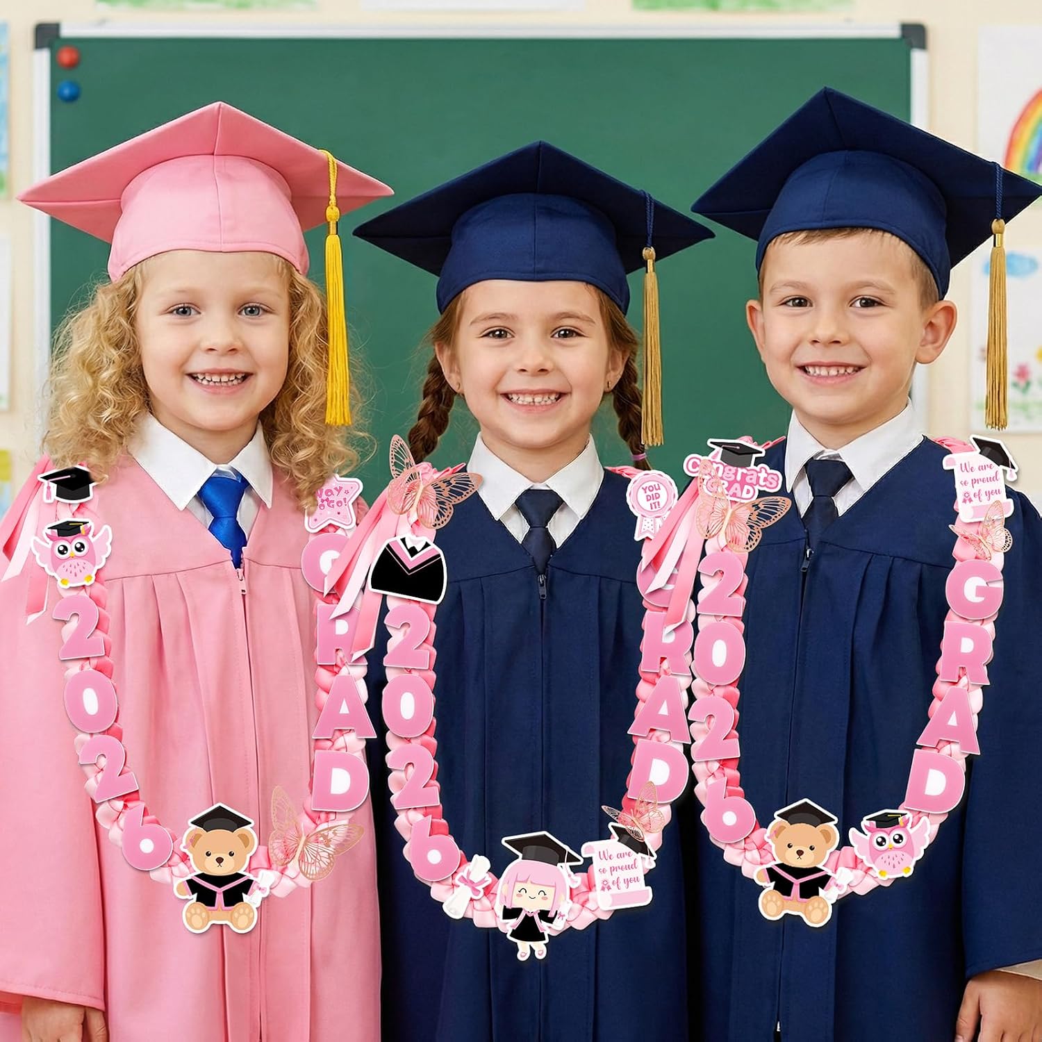 DECYOOL Kindergarten Preschool Graduation Leis for Kids Class of 2026 | Pink Double Braided Satin Ribbon 47.2 Inch Leis for Kids Graduation with Acrylic Brooches Card for Kindergarten Graduate Boys