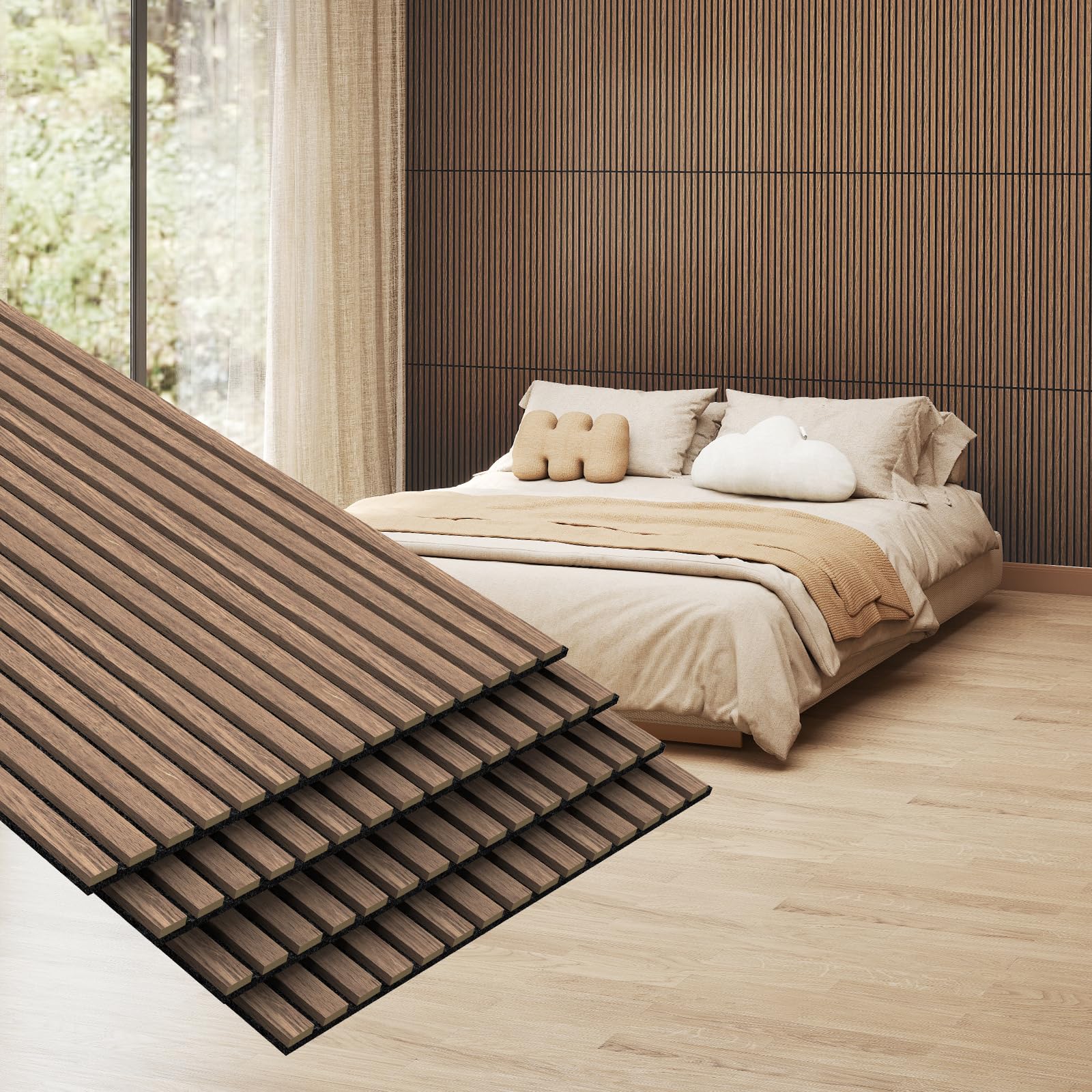 Photo 1 of MISSDAY Wood Slat Acoustic Wall Panels, 4 Packs 47.2" x 23.6" Walnut Soundproof Panel For Interior Wall Decor Noise Absorbing-3D Textured Wooden Panel Sound-Absorbing for Home, Office, Studio