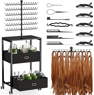 Portable Braiding Hair Rack with Wheels & Storage Drawers,168 Pegs Hair Extension Holder Hanger for Braiding Hair Separator Stand Display,Hair Rack with Stylist Hair braiding Tools(Black)
