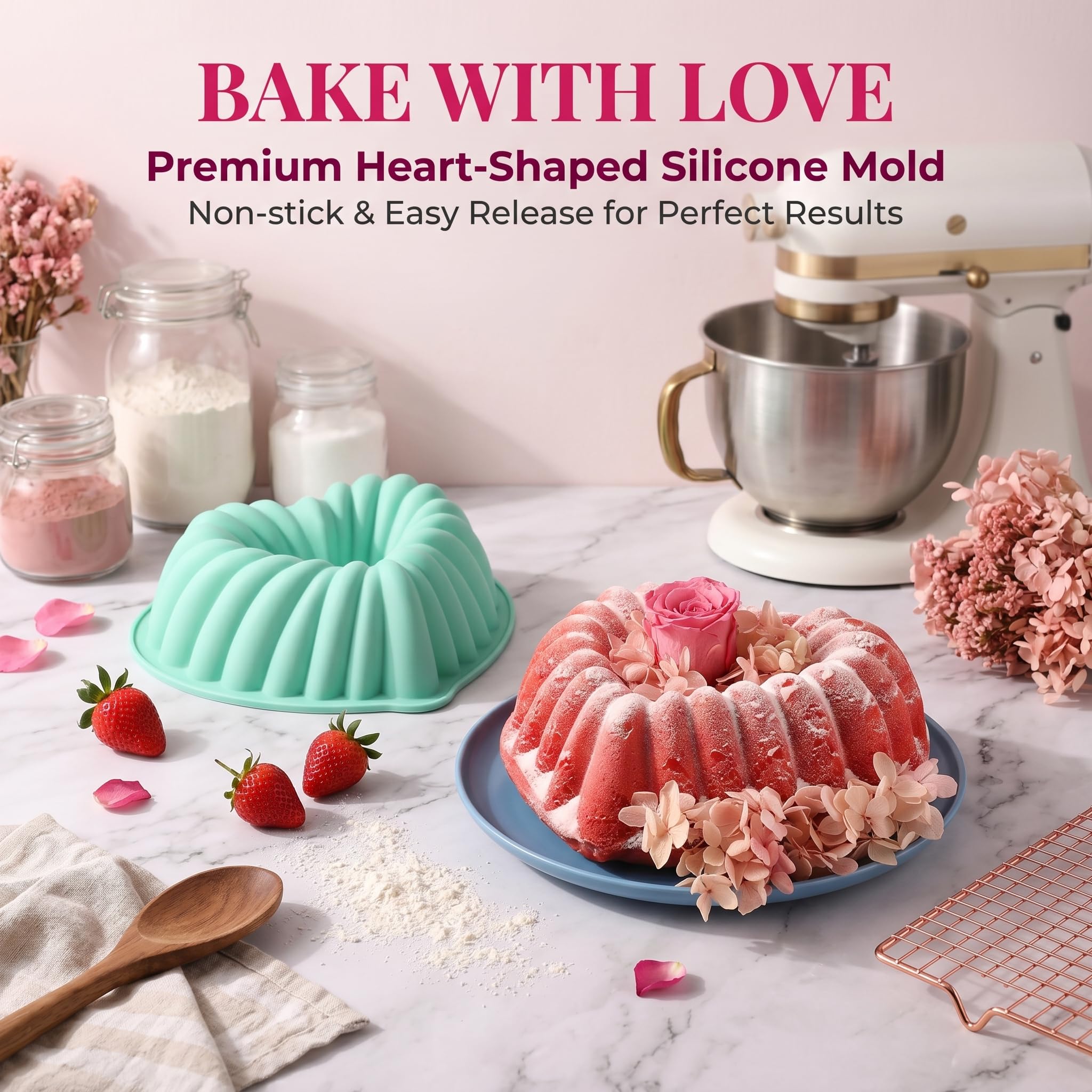 2 Pezzi Stampo per Torta a Forma di Cuore, 23.5 cm Stampo Ciambella in Silicone, Stampo Ciambellone Antiaderente per San Valentino, Matrimonio, Compleanno, per Dessert (Rosa e Verde)