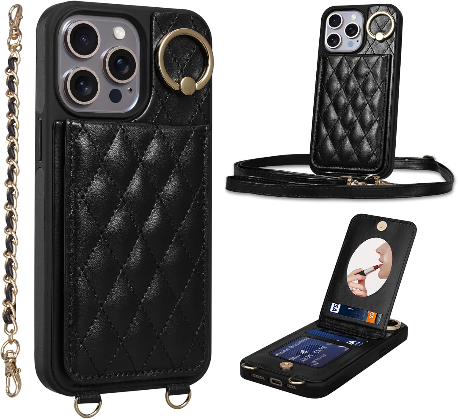 for iPhone 16 Pro Max Wallet Case with Mirror, Wristlet & Crossbody Strap, Zipper Card Holder - RFID Blocking, Flip Magnetic Shockproof Protective Cover with Kickstand for Women, Beige