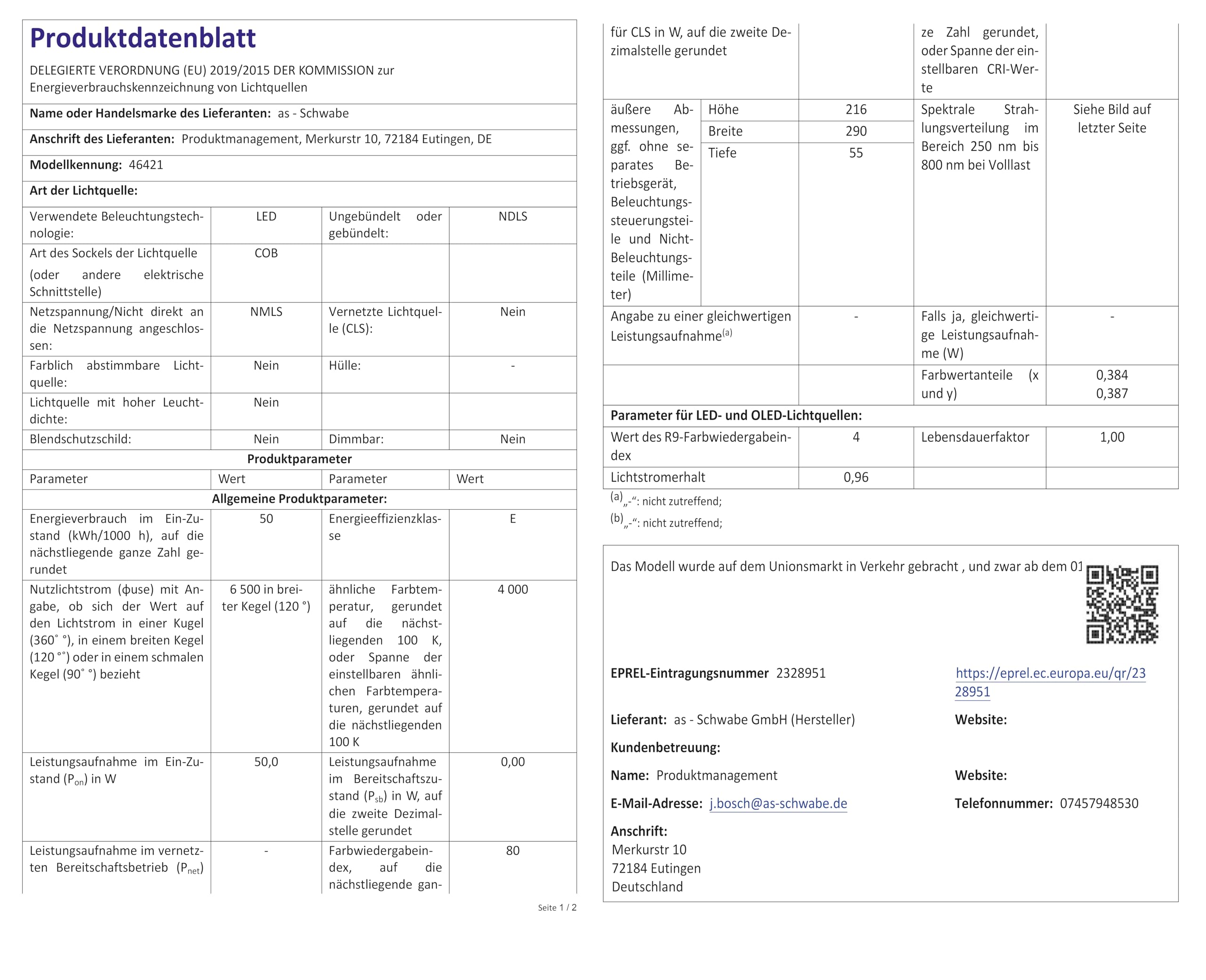 as - Schwabe SLIMLINE PRO Chip LED Strahler 50W 6500 Lumen - 4000K neutralweiß - OSRAM-LED - IP65 Aluminiumgehäuse - Außenleuchte schwenkbar - 2 m Leitung mit Schutzkontaktstecker - IP44, 46421