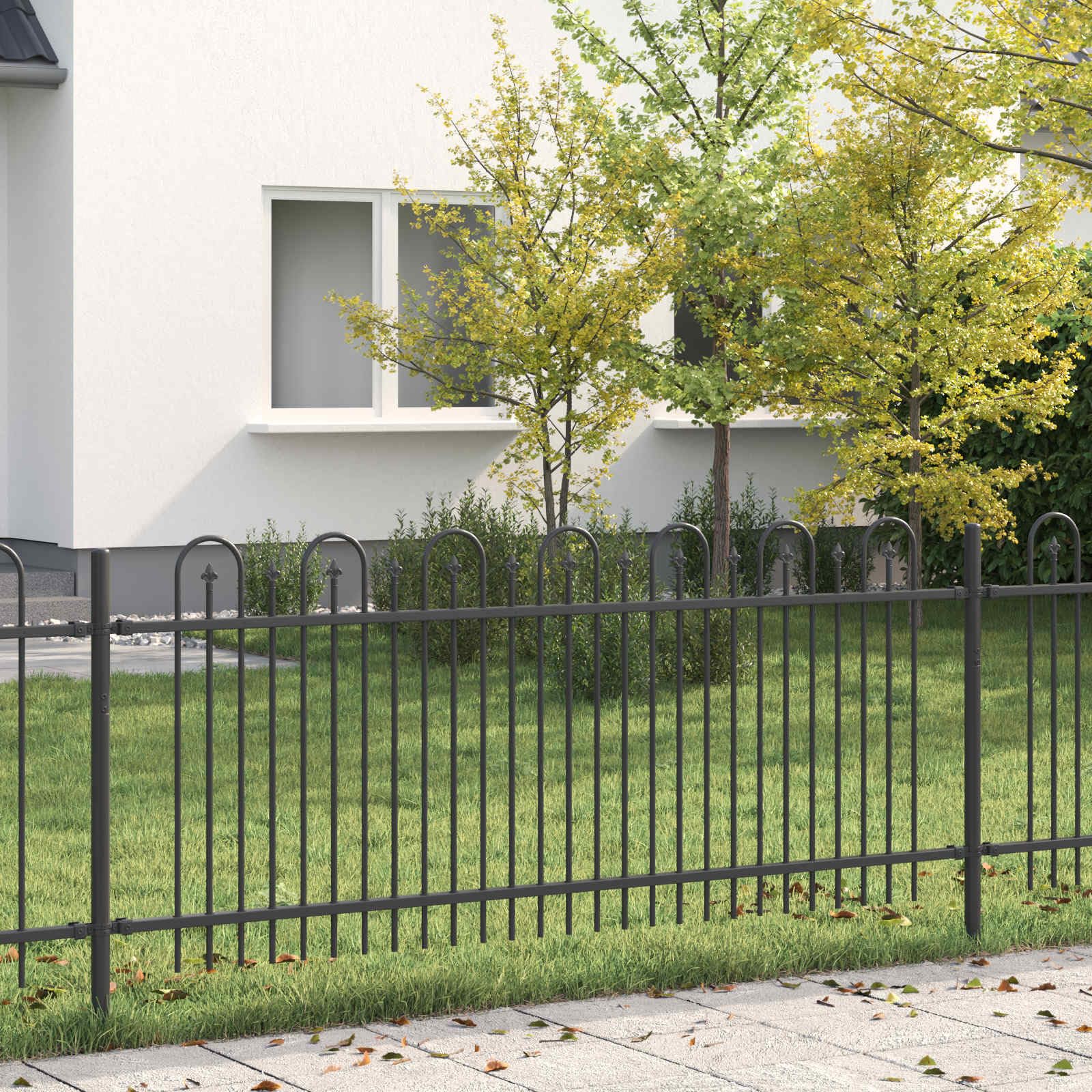 Valla de arco de encaje DRONTEN negro de acero pulverizado, 200 x 130 cm, elemento de valla con diseño puntiagudo para jardín, terraza, balcón y exterior, protección visual y cercado