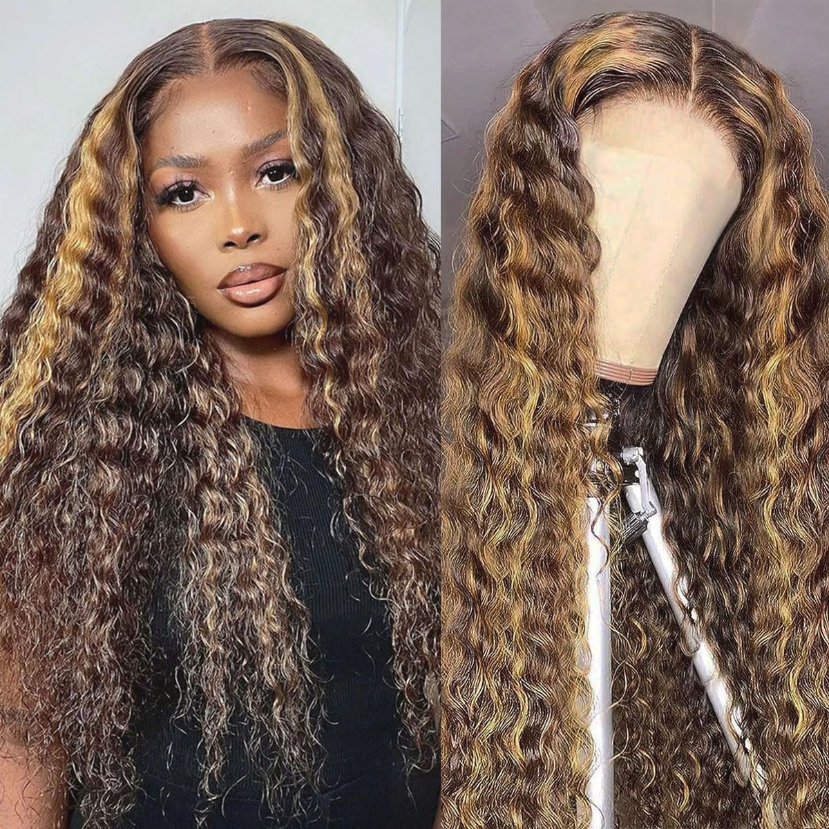 Tylokra 28inch Highlight Ombre Lace Front Wig Human Hair 13x6 HD Honey Blonde 4/27 Deep Wave Lace Frontal Wigs Glueless Wigs Human Hair Product Image 1
