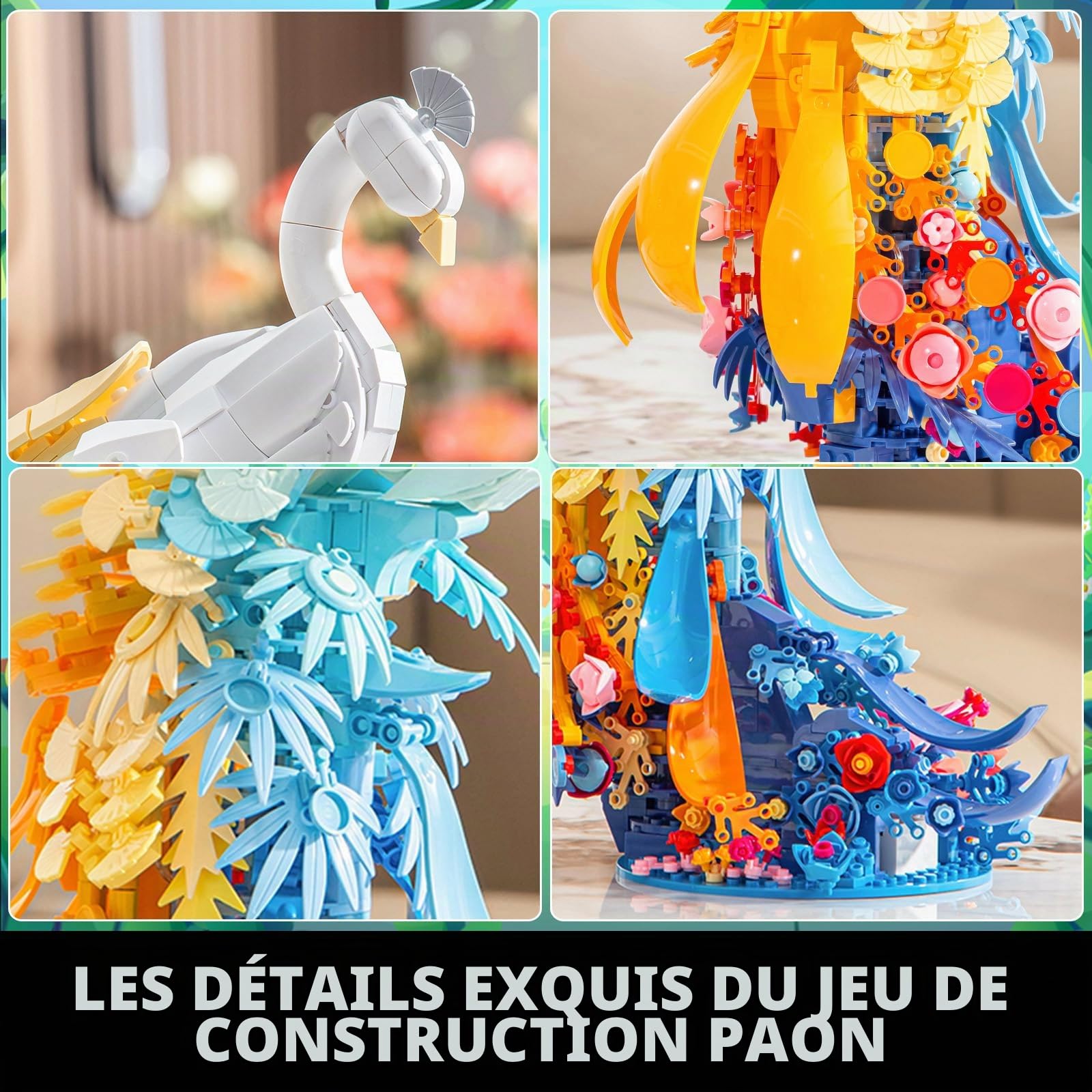 Figurines d'animaux de paon compatibles avec les célèbres marques, 901 pièces, paons, animaux, modèle avec fleurs, plumes de queue et lumière, cadeaux décoratifs créatifs pour adultes et jeunes