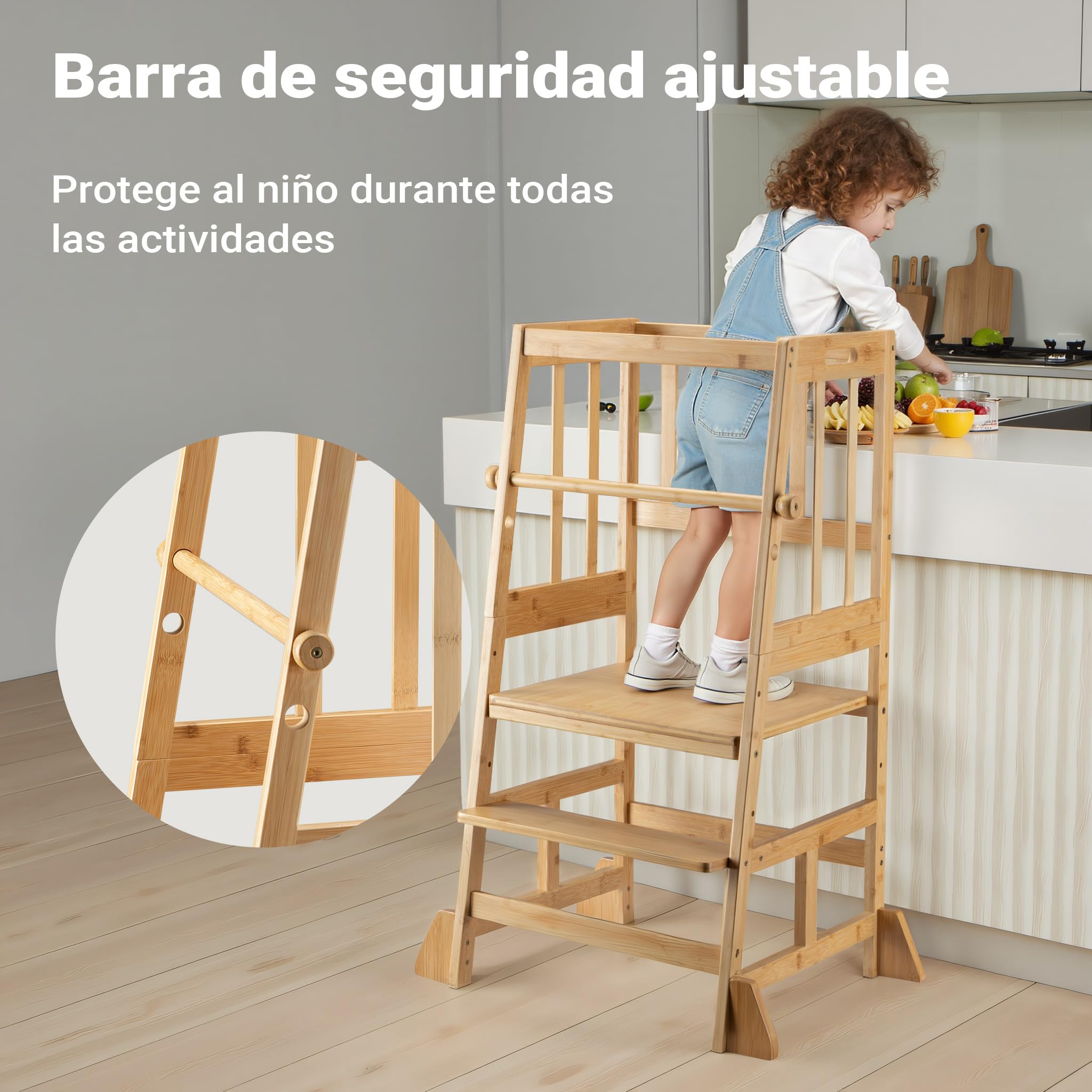Wiltec Silla Infantil Torre de Aprendizaje 57 x 46 x 90 cm de bambú, Taburete de Aprendizaje para niños con barandilla, Torre de pie con Barra de protección