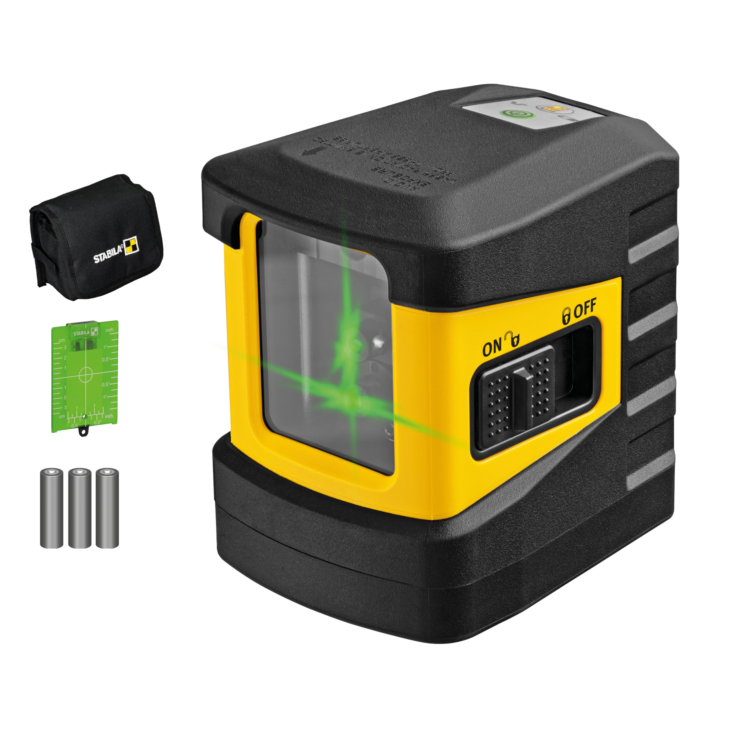 STABILA Kreuzlinienlaser grün LAX 60 G, selbstnivellierend, max. Reichweite: 30 m, Set inkl. Zielplatte, Gürteltasche, Batterien (3 x AA)