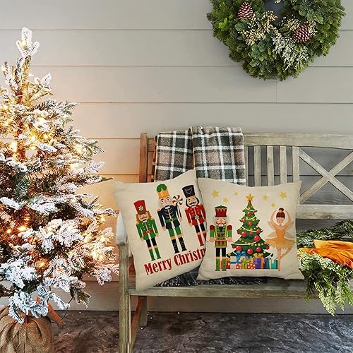 Miniatura 7 de Juego de 4 fundas de almohada decorativas de cascanueces de Feliz Navidad de 20 x 20 pulgadas, diseño de árbol de Navidad, juguete de soldado de