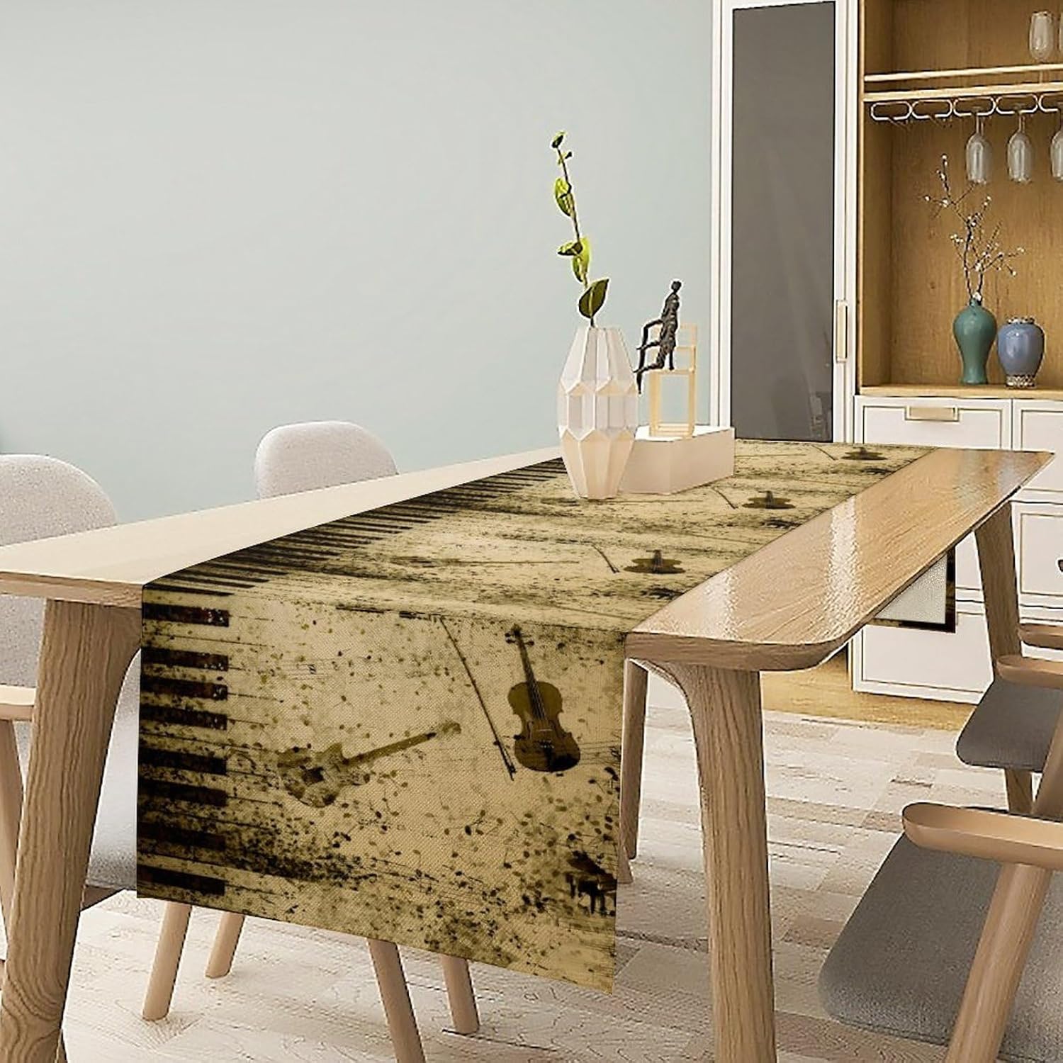 Vintage Musical Table Runner, Retro Music Instrument Guitar Violin Piano Table Decoration for Kitchen Dining Holiday Party Decor, 13x120 Inch