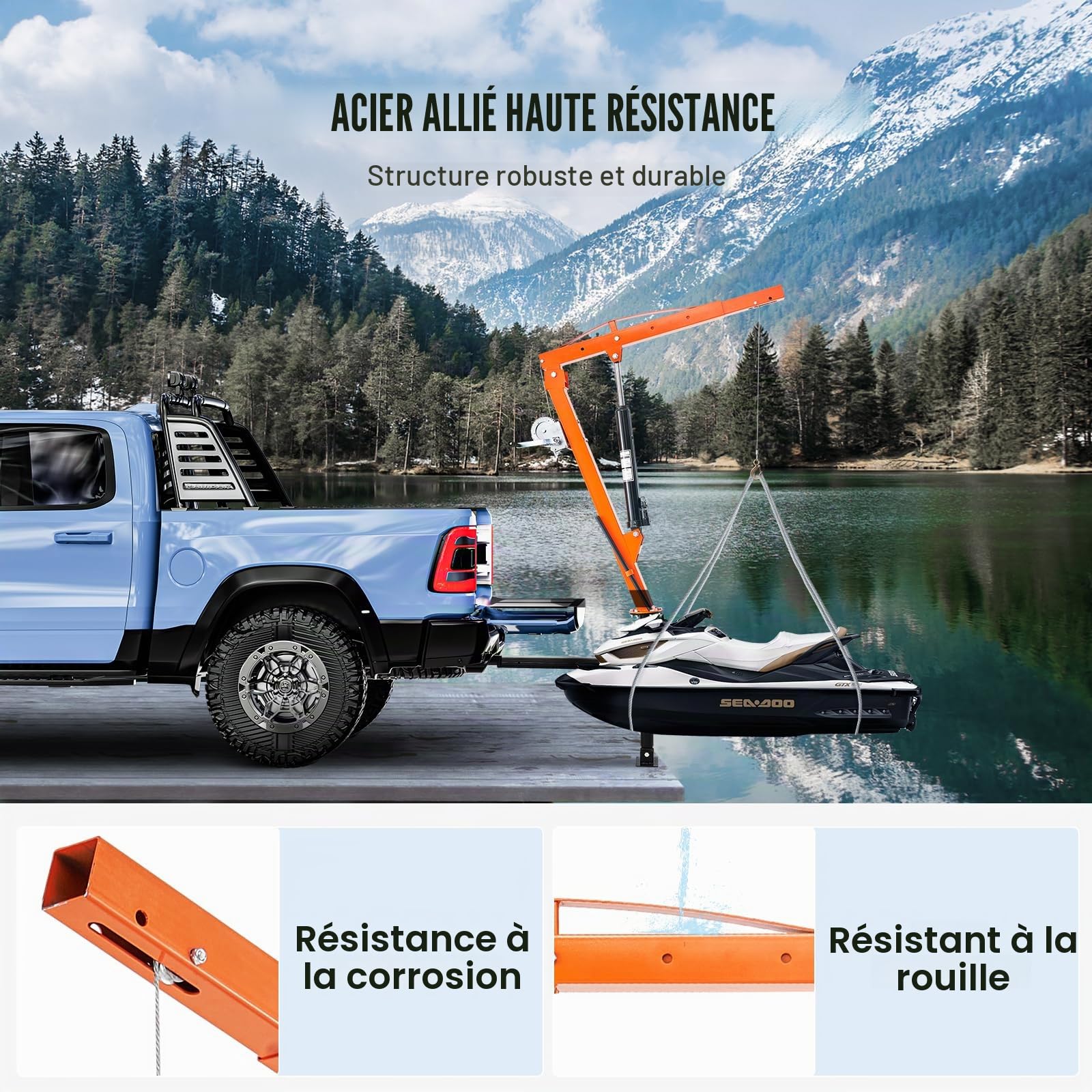 VEVOR Grue hydraulique pour camionnette, capacité de 227 kg, grue montée sur attelage, avec 3 capacités de flèche de 50 kg, 100 kg, 200 kg, pour le levage de marchandises dans la construction, l'usine