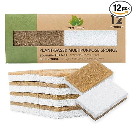 Natural Sponge - 12 Pack - Eco Friendly Scrub Sponges for Kitchen - Non Scratch Odor Free Biodegradable Plant Based Scrubber Pads for Cleaning Dishes