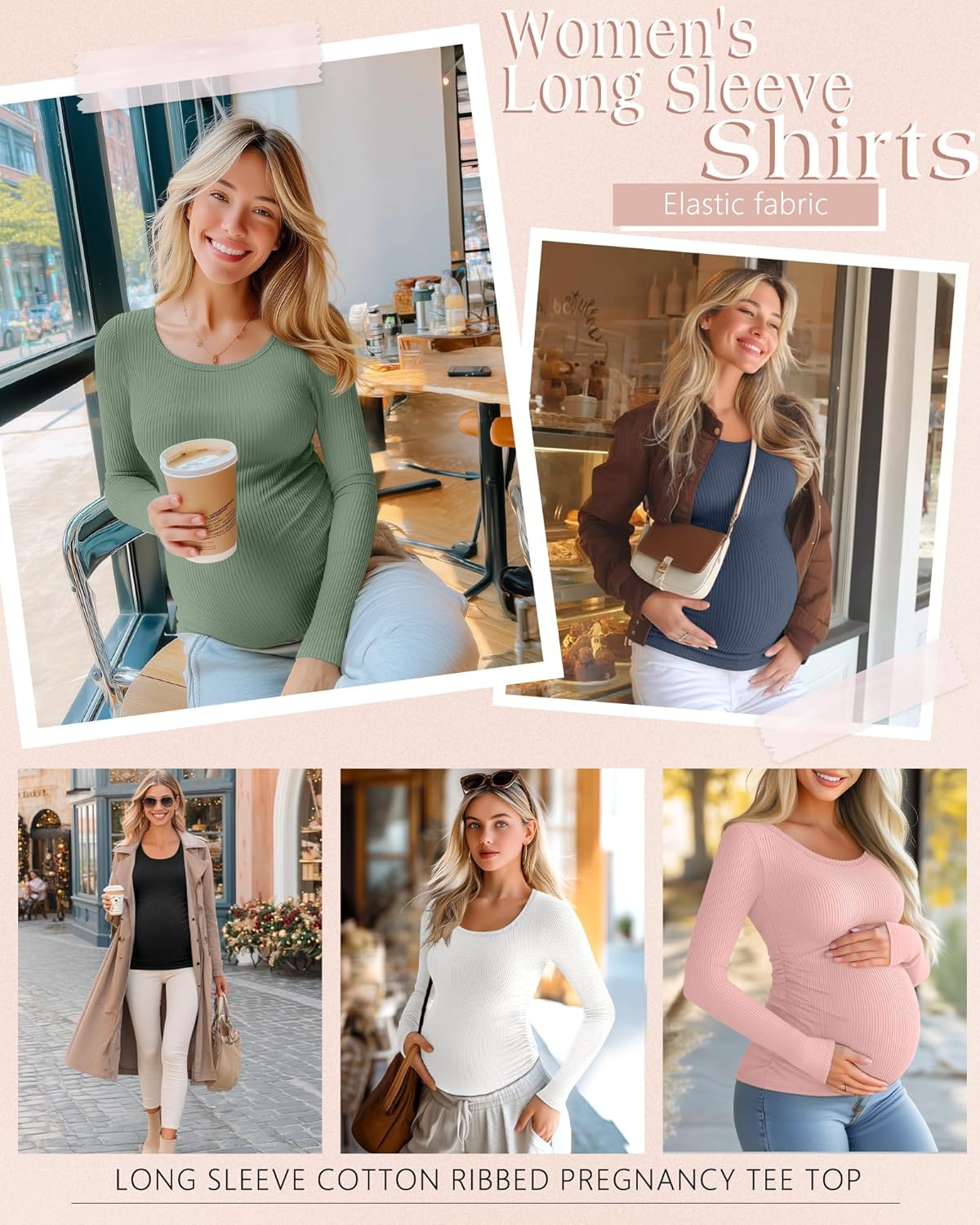 Riyiper 4 Pack Women's Maternity Shirts, Long Sleeve Cotton Ribbed Pregnancy Tee Top Crewneck Side Ruched Casual Mama Clothes - Image 2