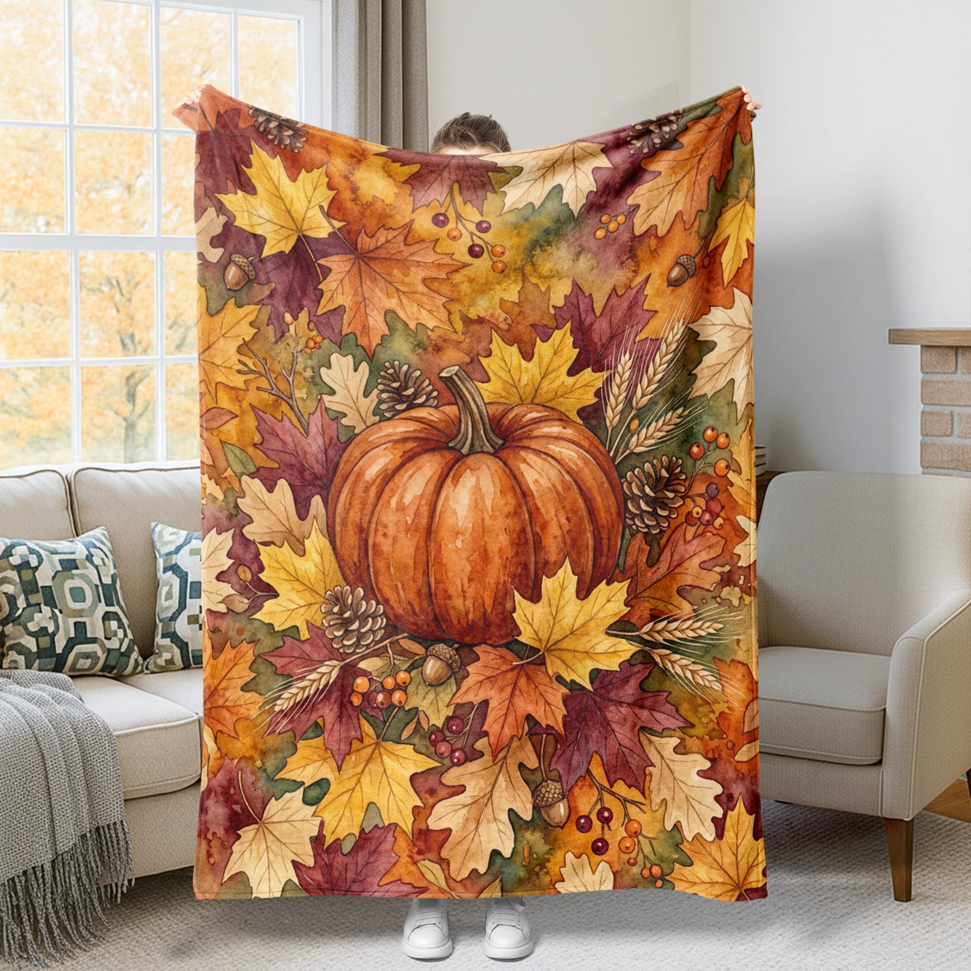 Couverture flanelle orange 152x203cm motif feuille citouille pour lit et chaise