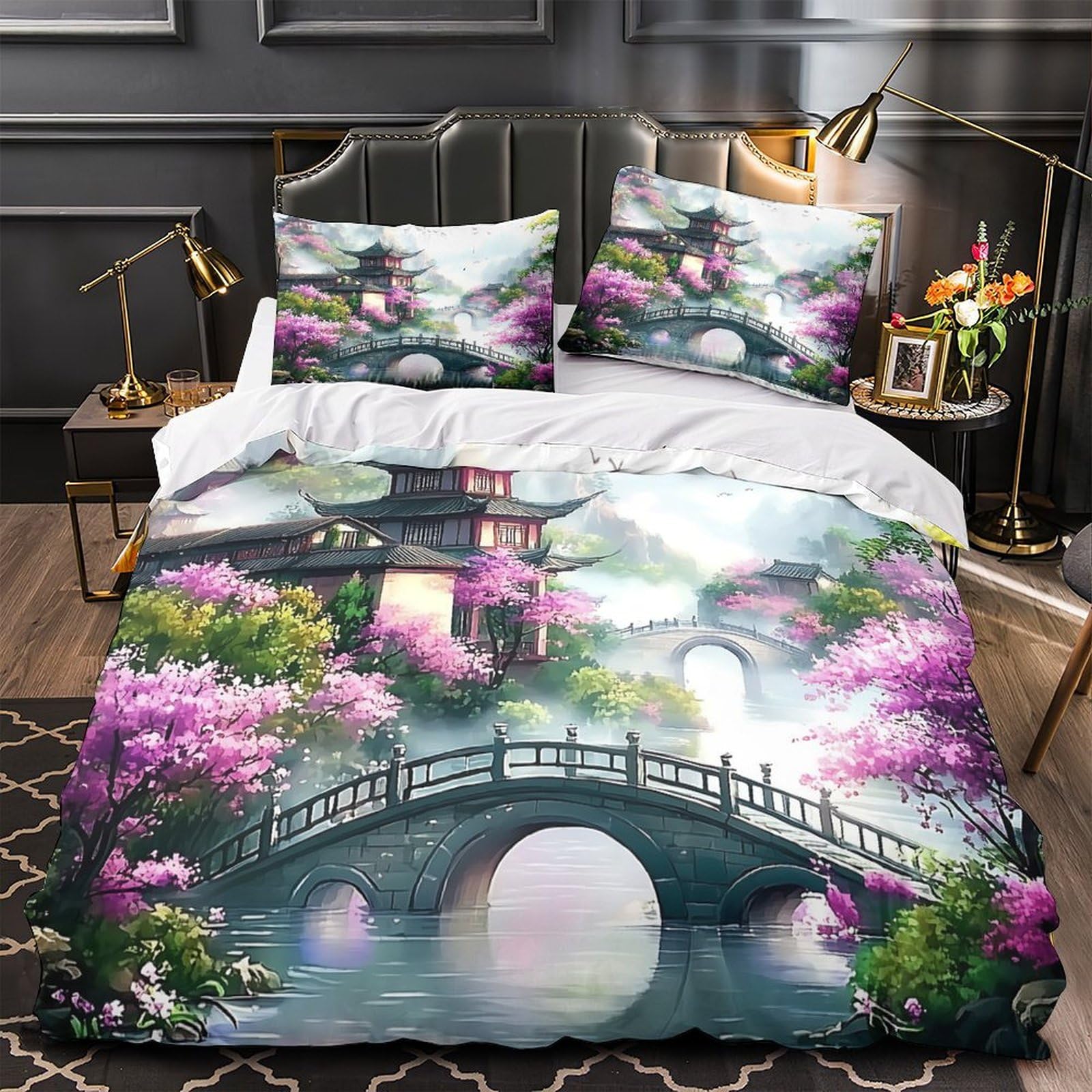 Parure de lit pavillon chinois 3D pour chambre d'enfant et ado lit simple