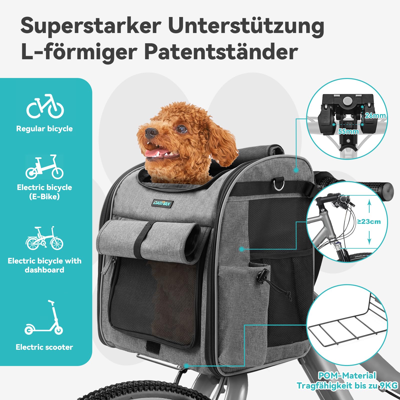 Hundekorb Fahrrad Vorne bis 10KG, Faltbarer Atmungsaktiver Hundefahrradkorb 4 in 1 Rucksack Schultertasche Autositz mit Robuste L-förmige Halterung Φ55mm, Bequemes Kissen, Reflektorstreifen