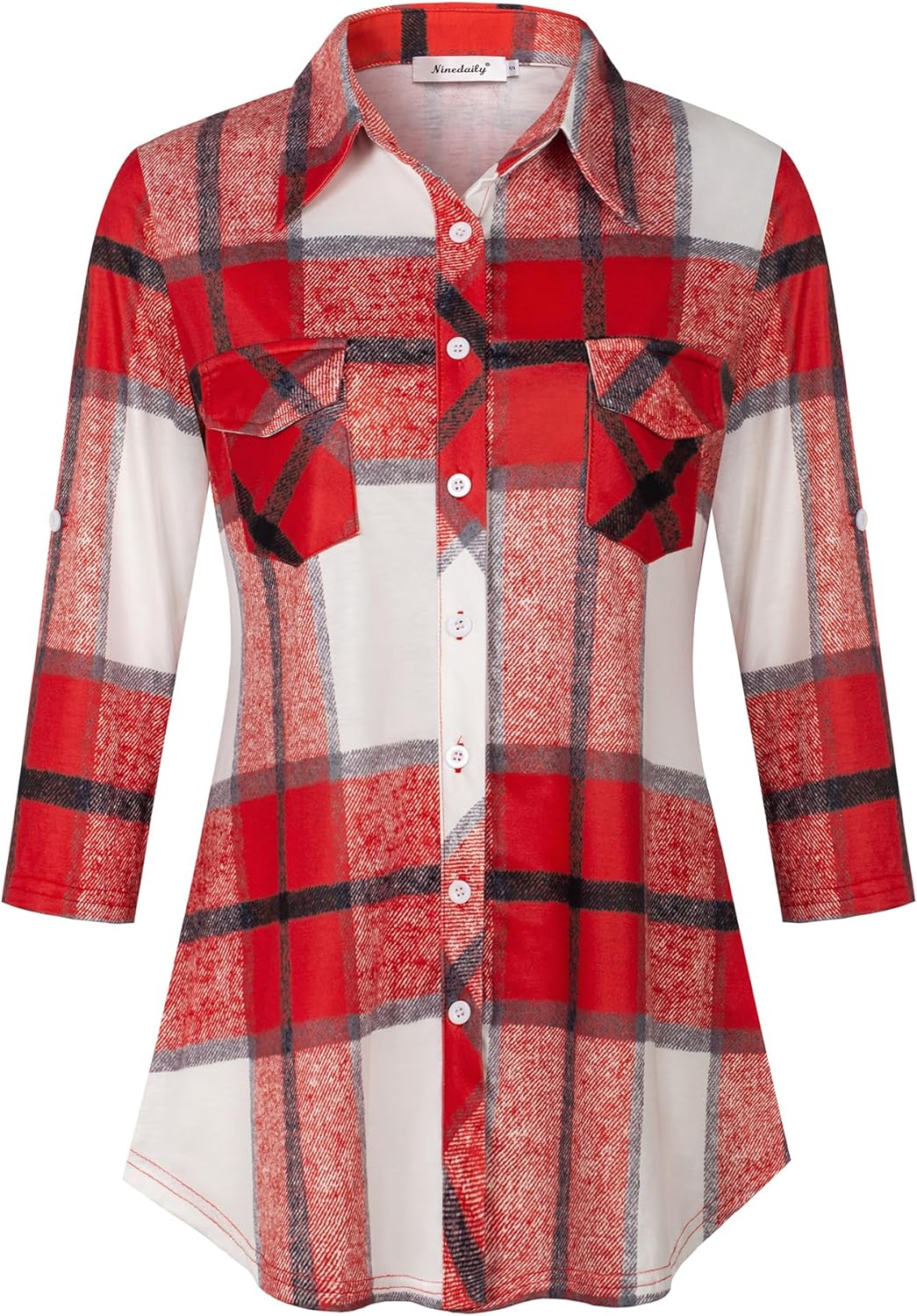 Ninedaily Women's Plaid Shirt Collared Button Down Blouse 3/4 Sleeve Tunic Tops - Image 3