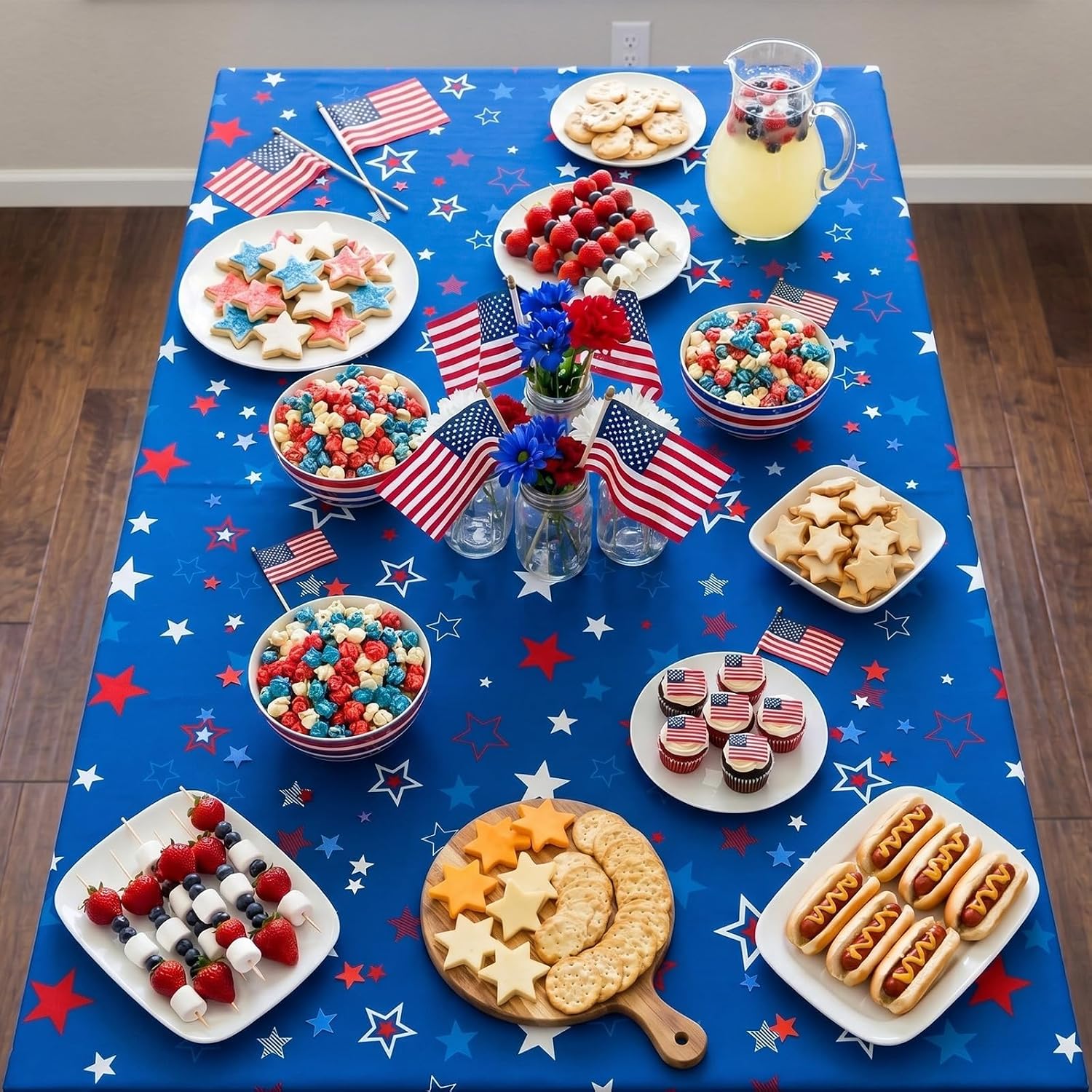 Wiooffen 2Pcs Red White and Blue Star Spandex Table Clothes 4th of July Stretch Tablecloth Memorial Day Table Cover Patriotic American Stars for 250th Anniversary Independence Day Party Celebration