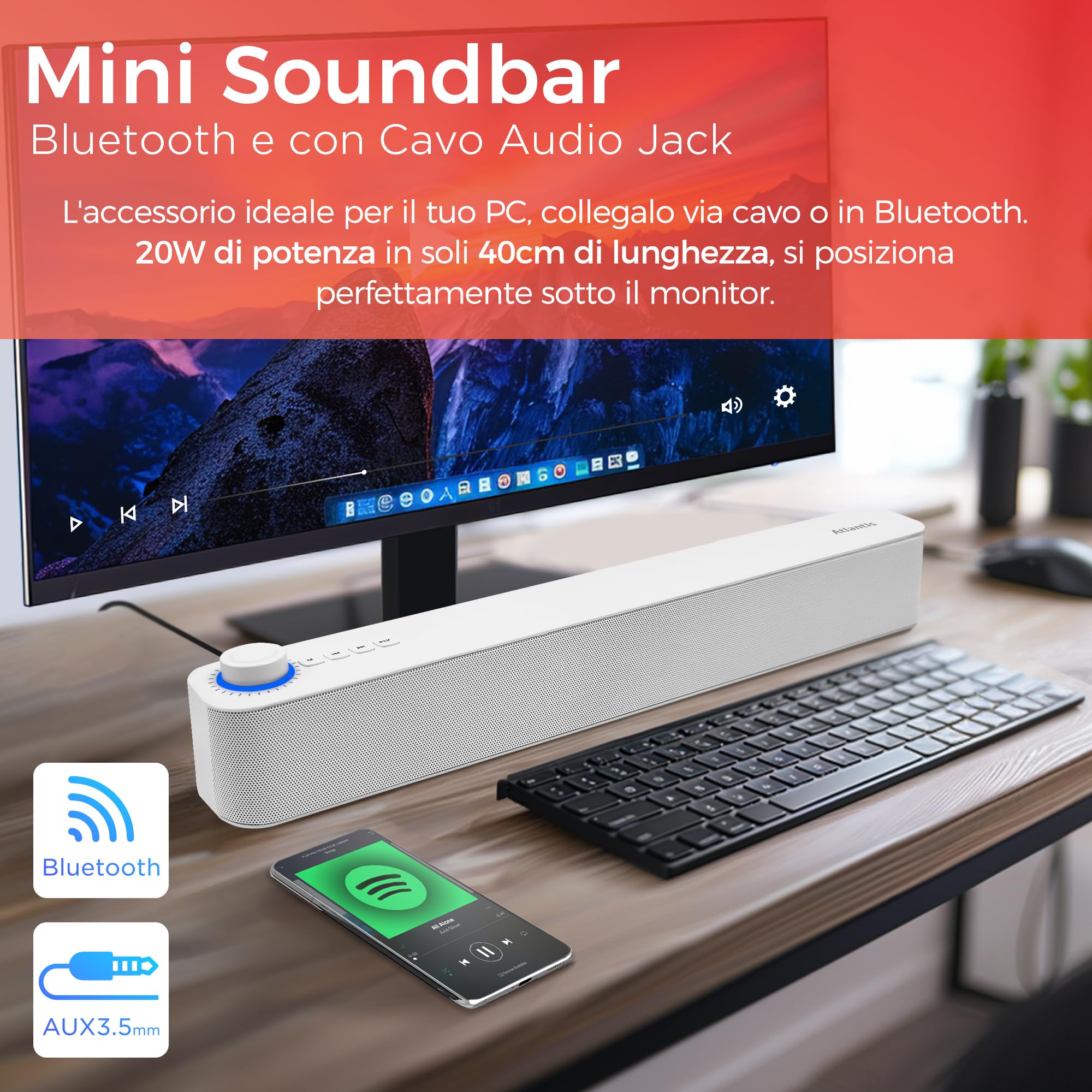 ATLANTIS Soundbar PC 20 W, głośnik PC, Jack 3.5 mm + Bluetooth 5.3 do smartfona, FireTV, gramofonu, odtwarzacza Batt. 2400 mhA, radia FM, głośnika PC, laptopa, TV, smartfona Dim 420 x 60 x 74 mm,