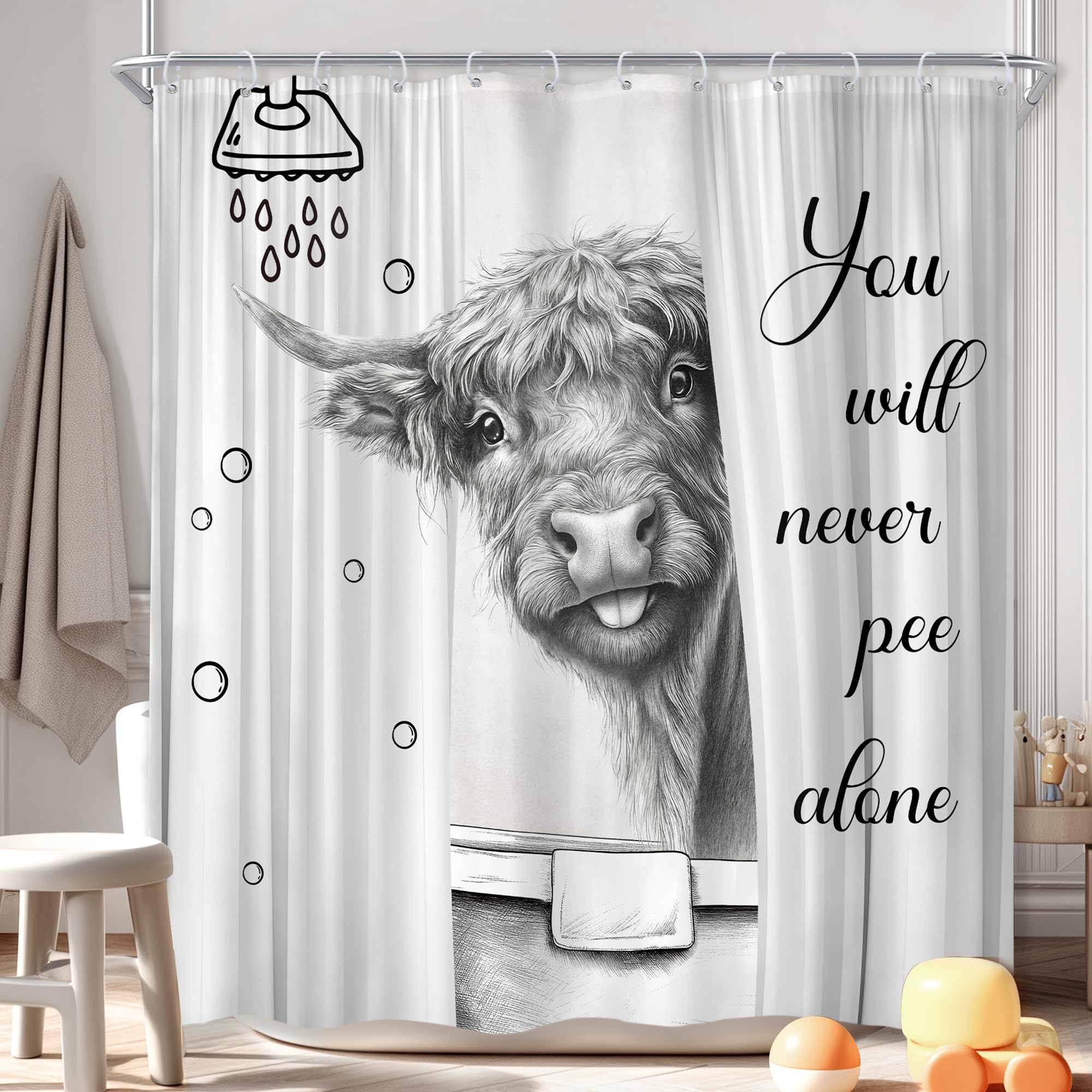 Newsely Funny Highland Cow Shower Curtain 72Wx72L Inch Black and White Rustic Farmhouse Cute Bubbles in The Bathtub Children Bathroom Set Humorous Waterproof Bath Decoration Accessories Home Decor