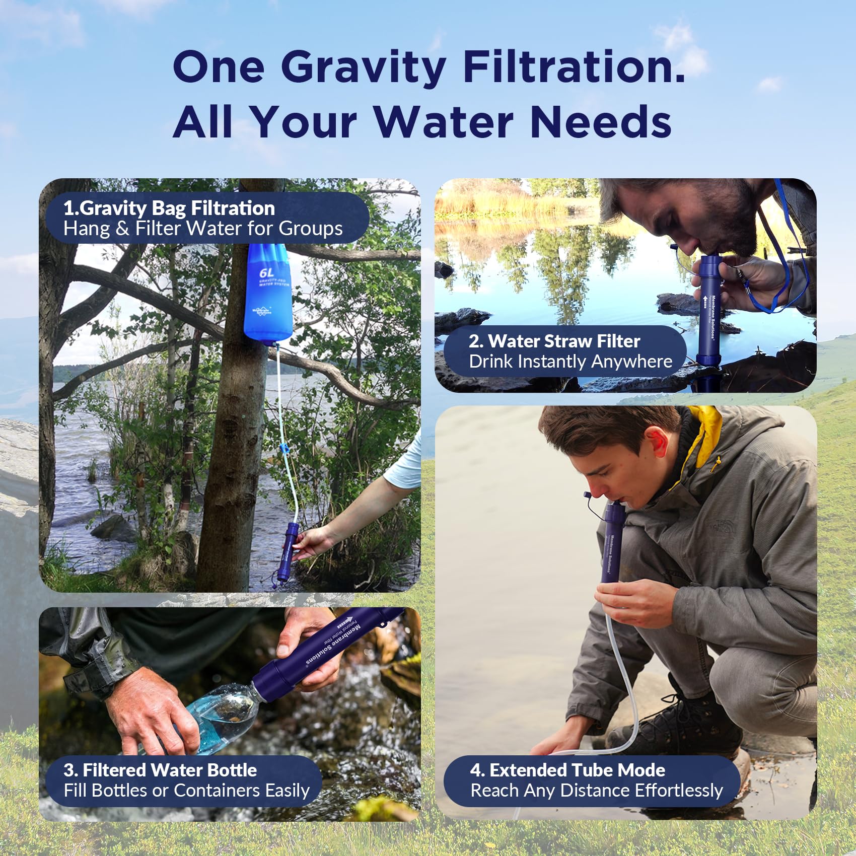 Membrane Solutions Sistema di Filtraggio dell'Acqua a Gravità Portatile, con Sacca d'Acqua da 6L, Filtro per Acqua di Campeggio, Rimuove il 99,9999% dei E.Coli