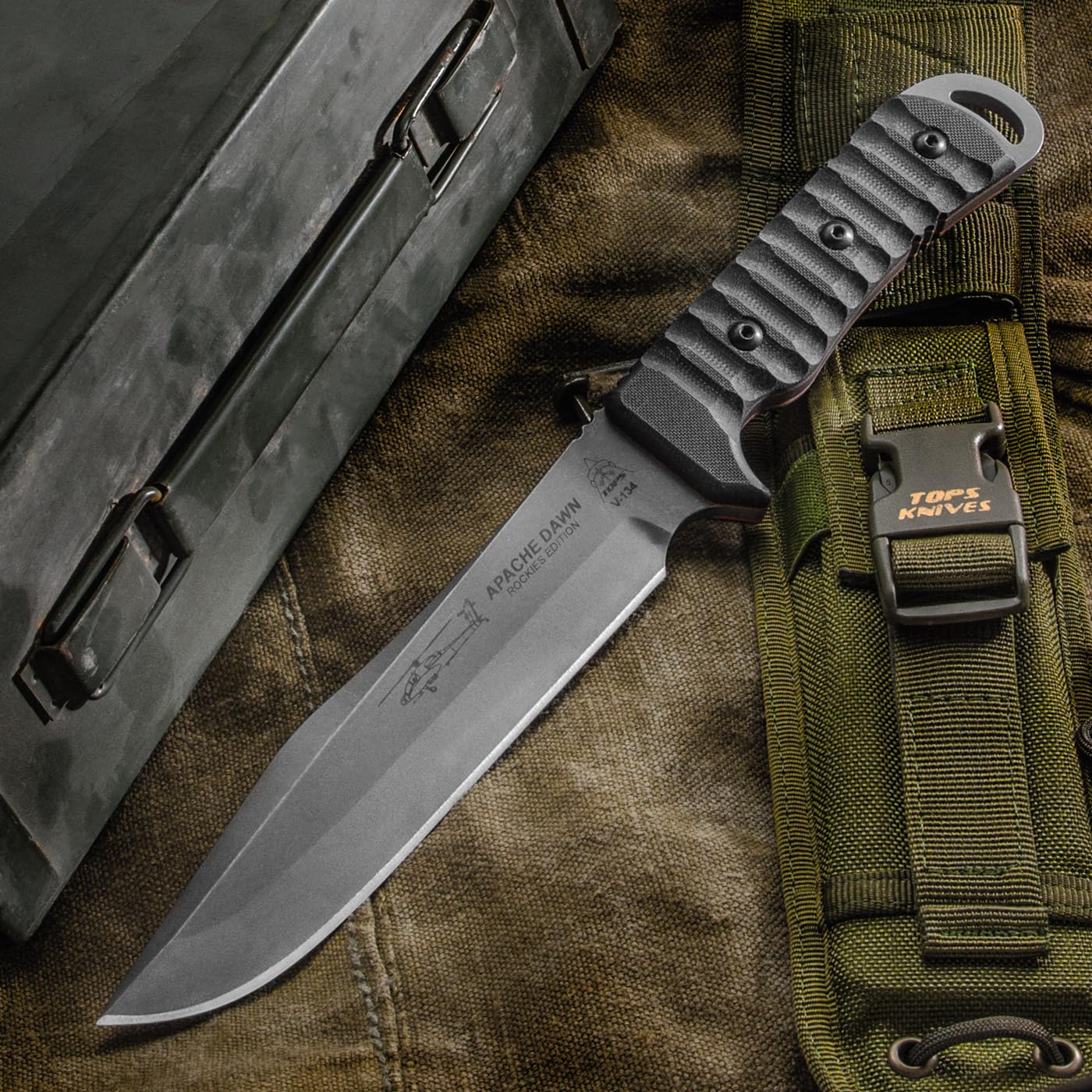 Tops Knives Apache Dawn Rockies Edition Full Tang Fixed Blade- Tumble Finish- Olive Drab MIL-SPEC Nylon Sheath Black — view 10