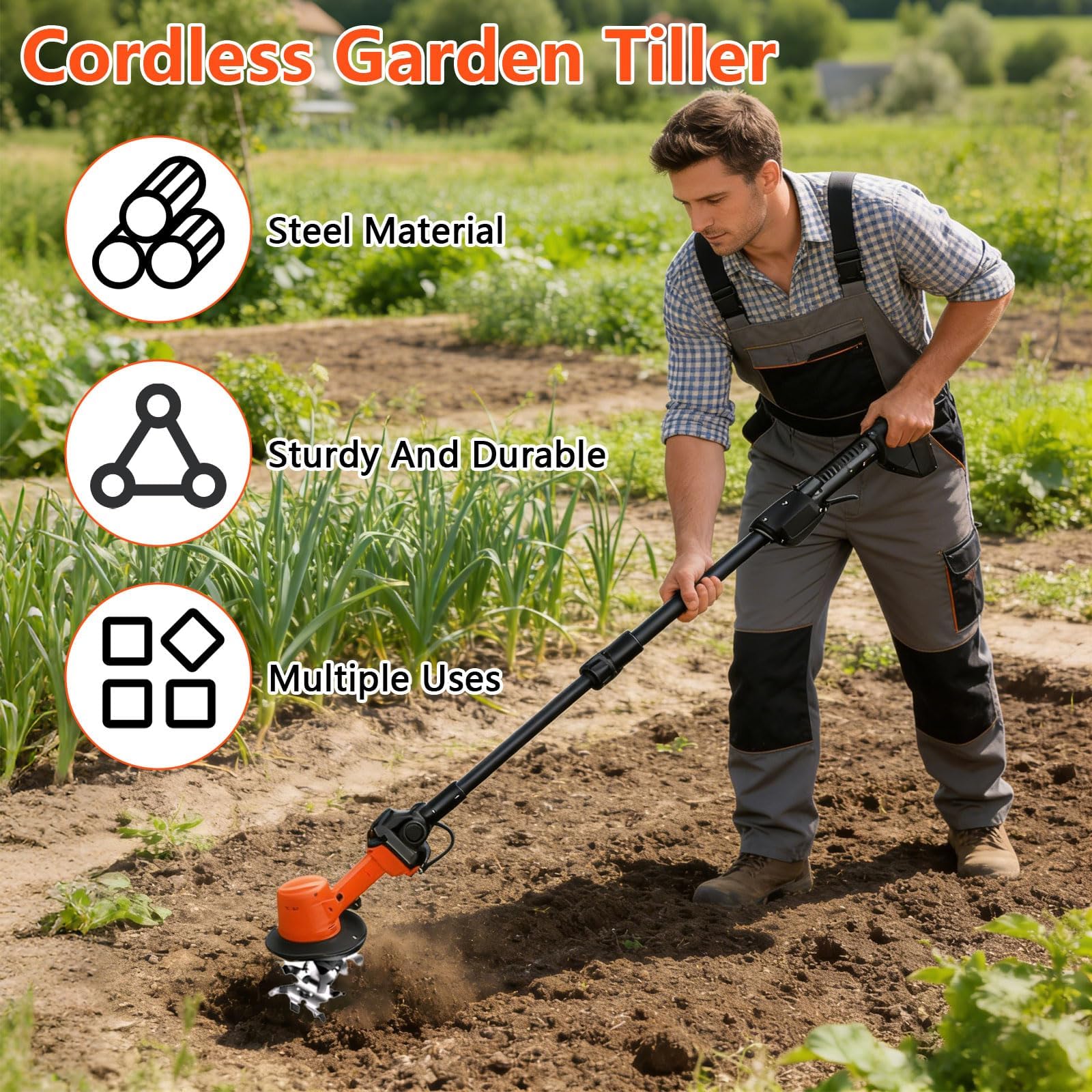 21V Gartenfräse Elektrisch, 550W Akku-Bodenhacke mit 10cm Frästiefe und 10cm Fräsbreite, 235 U/min Drehzahl Ackerfräse, Garten Geräte Akku Bodenhacke mit 2 Akkus 3000mAh und 1,3M Handgriff Gartenhacke