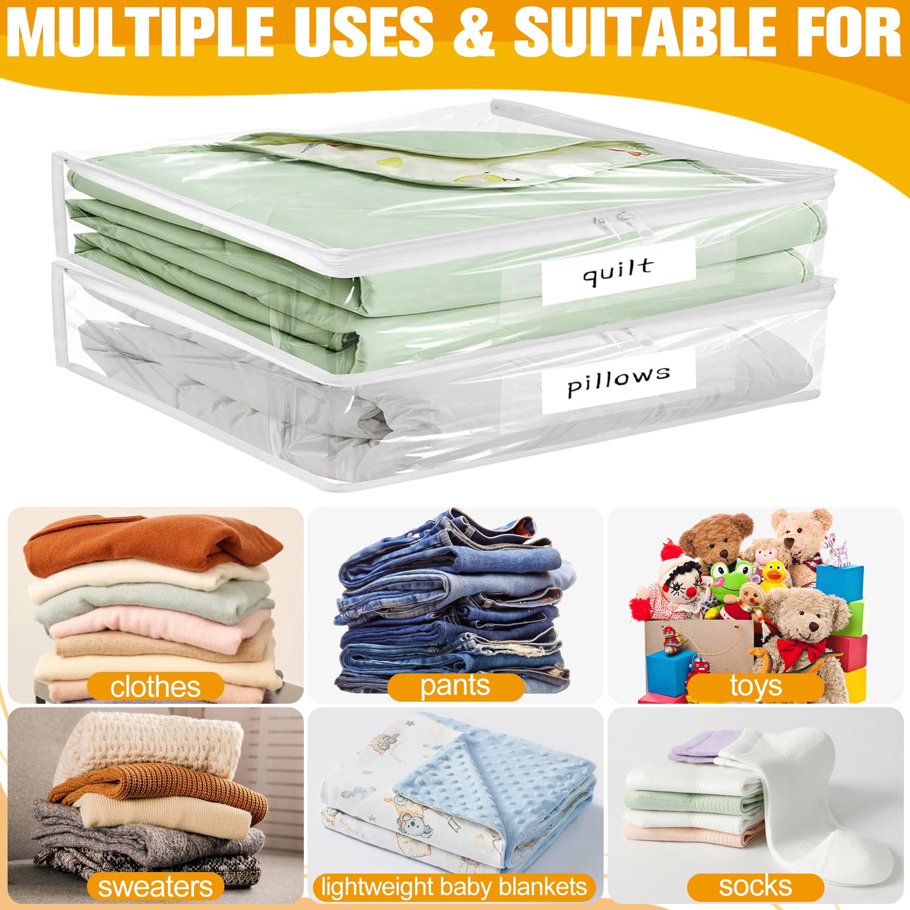 Bolsas de almacenamiento de plástico con cremallera de fácil deslizamiento, paquete de 6, bolsas de almacenamiento duraderas de vinilo transparente con cremallera para ropa, suéteres, edredones