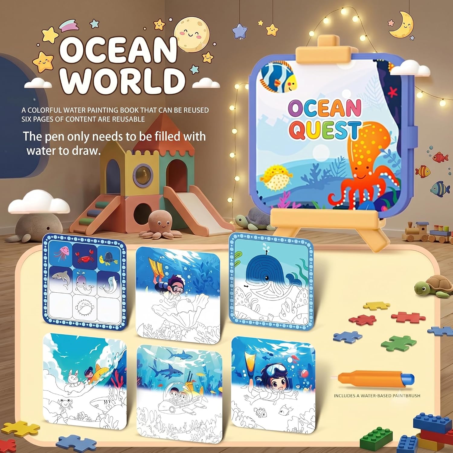 NYXTOB Reusable Water Painting Book for Kids Magic Watercolor Books with Ocean World Theme，No Mess Paint & Reusable Fun for Ages 3+ (sea ​​World（Blue）)