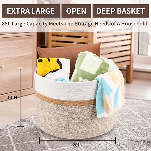 Miniatura 3 de Cesta tejida con asa de cuerda de algodón de 20 x 13 pulgadas, cesta de almacenamiento de juguetes para sala de estar, cestas grandes para lavandería