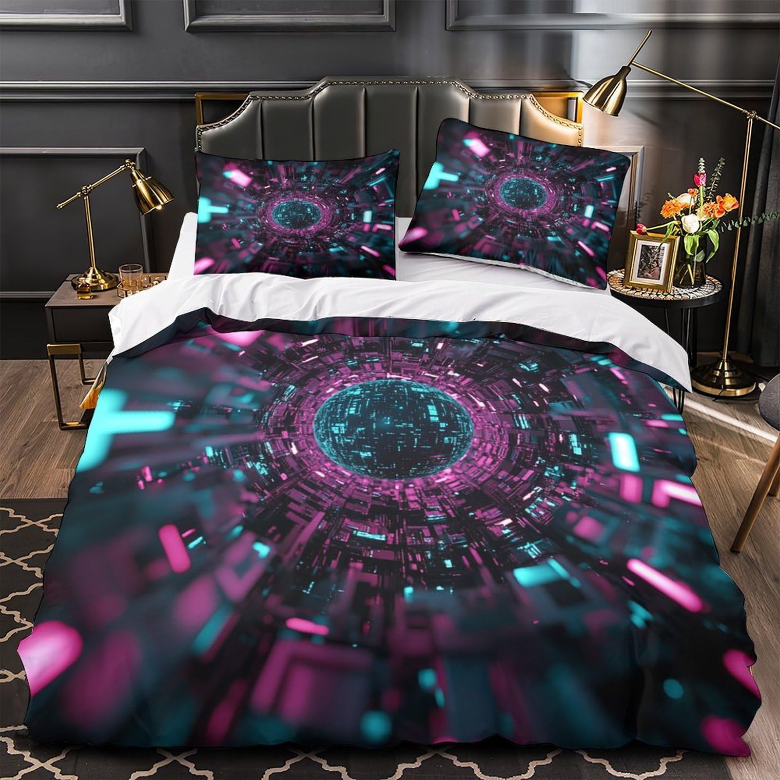 Housse de couette tunnel cybernétique 3D Super King 260x220cm avec 2 taies d'oreiller en microfibre