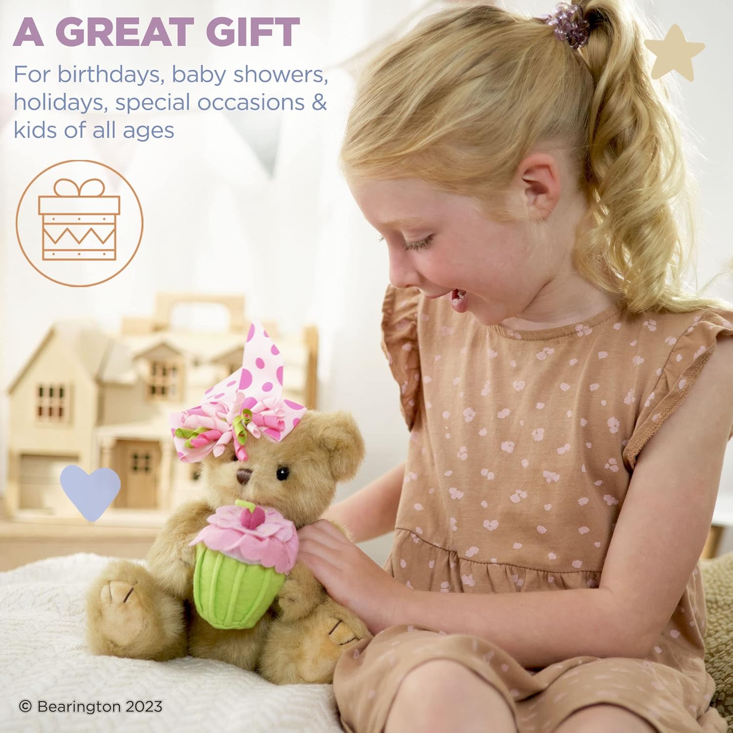 Bearington Casey Teddy Bear Cupcake Birthday Plush - 10" Brown Birthday Stuffed Animal with Soft Faux Fur Wearing A Hair Bow and Plush Cupcake - Adorable Bear Stuffed Animal Gift for Toddlers and Kids